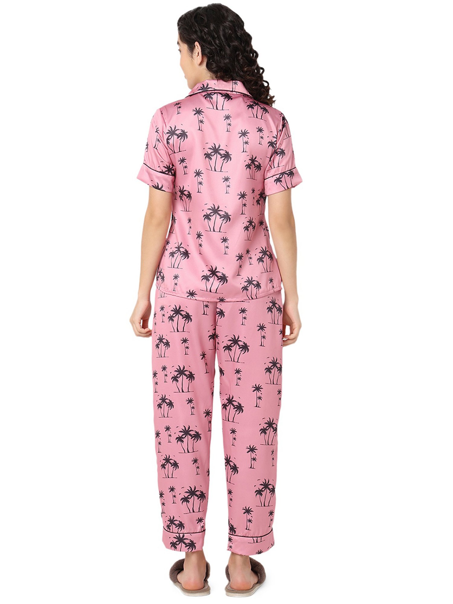 Smarty Pants Pink & Black Satin Printed Shirt With Pyjamas