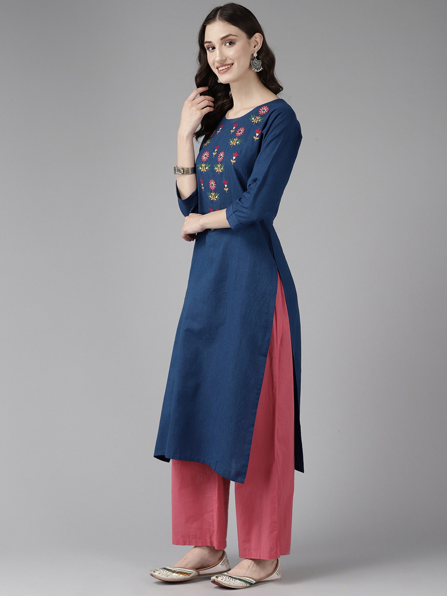 Aarika Blue Cotton Embroidered Straight Kurta