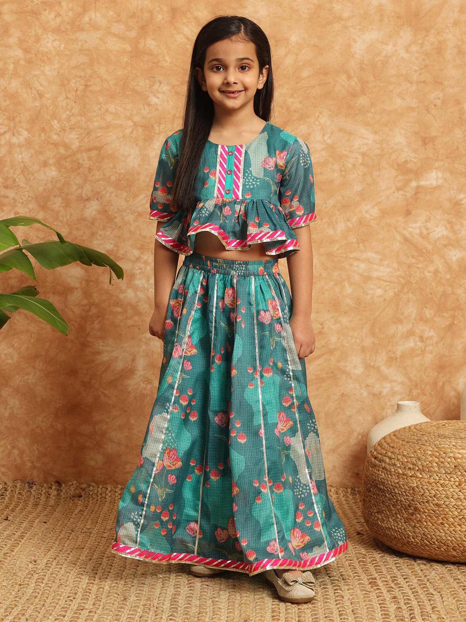 A Little Fable Kids Blue Printed Lehenga with Choli & Dupatta