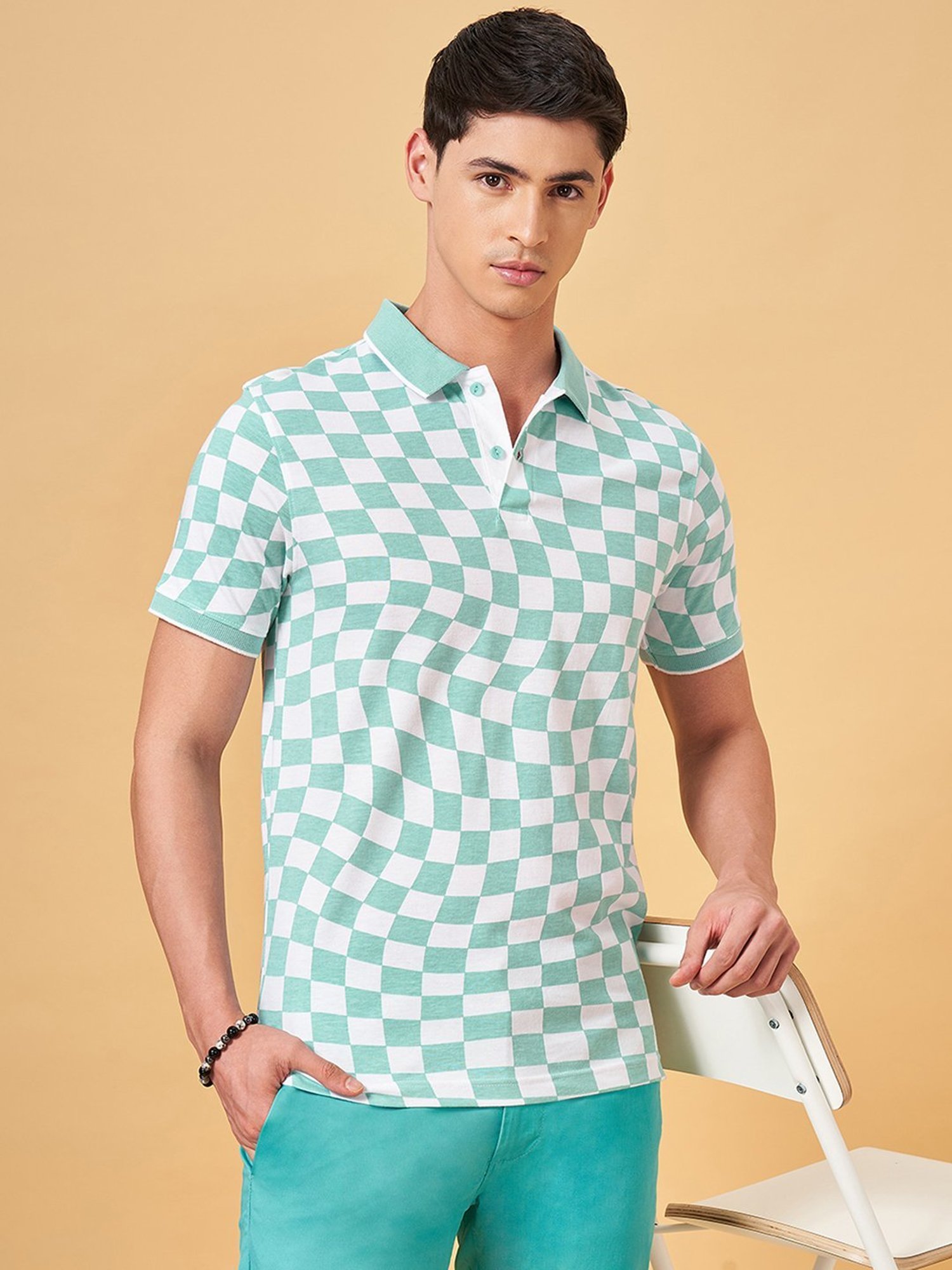 Byford By Pantaloons Teal Slim Fit Printed Polo T-Shirt