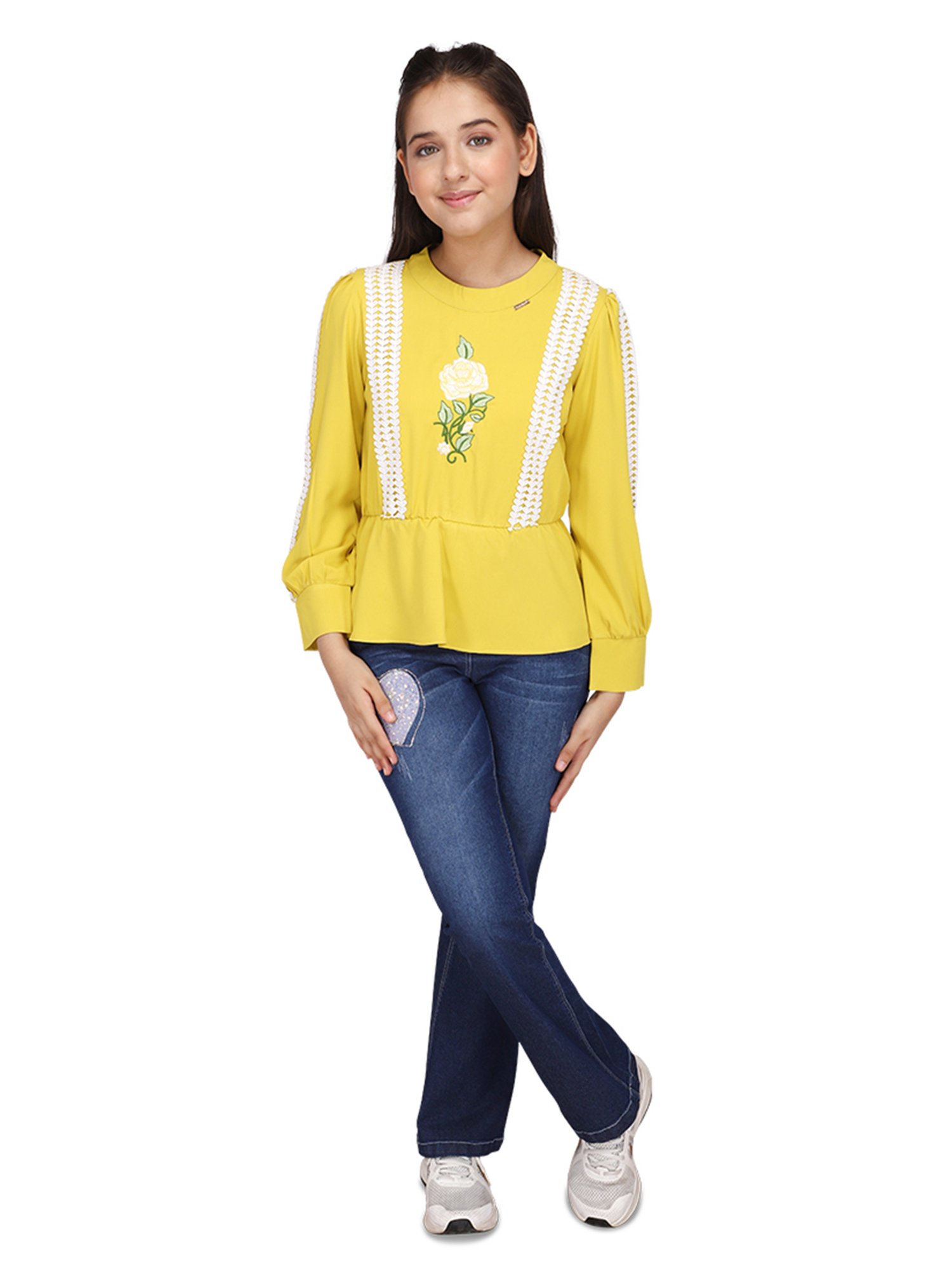 Cutecumber Kids Yellow Embroidered Full Sleeves Top