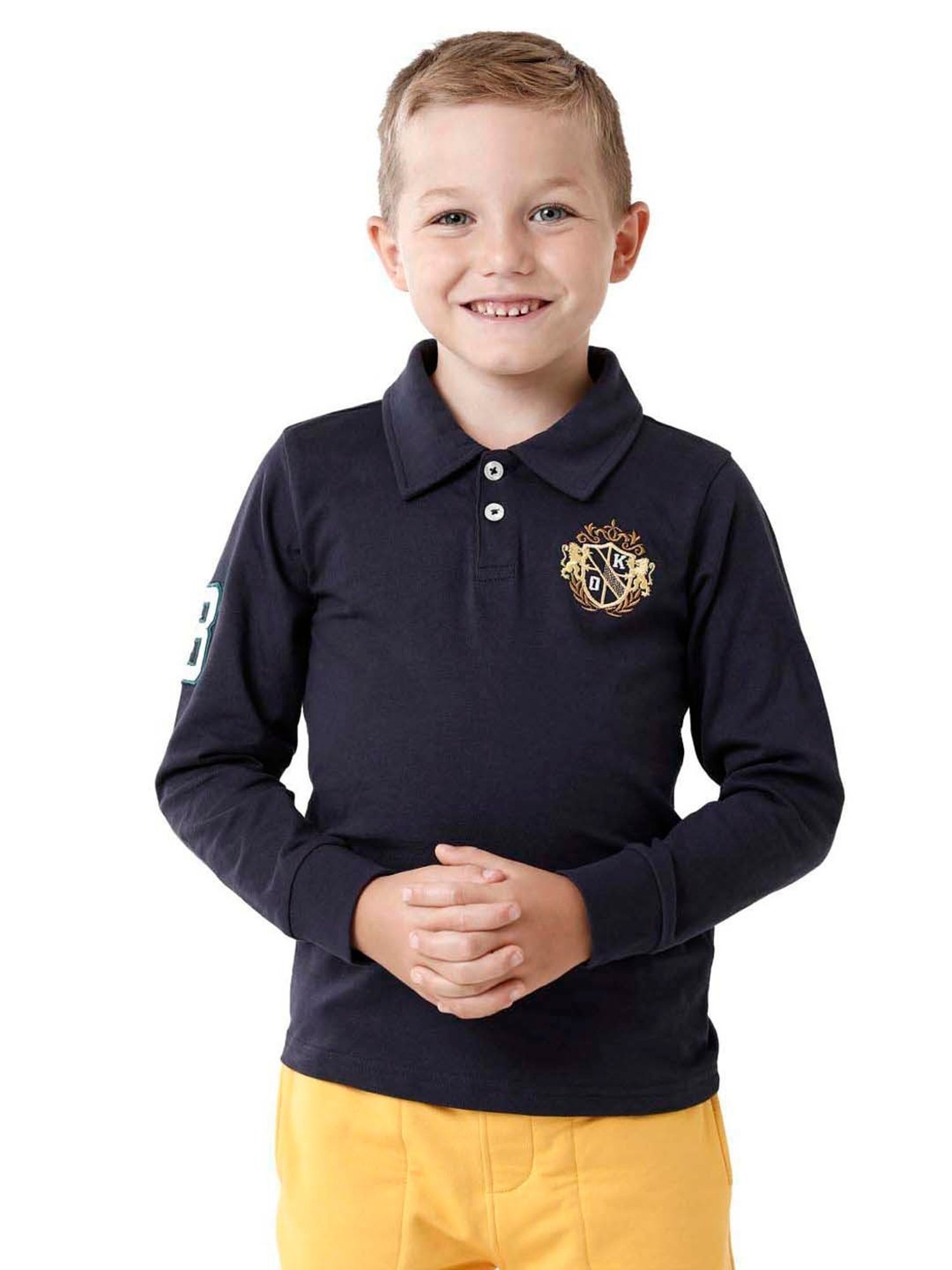 Kate & Oscar Kids Navy Cotton Embroidered Full Sleeves Polo T-Shirt