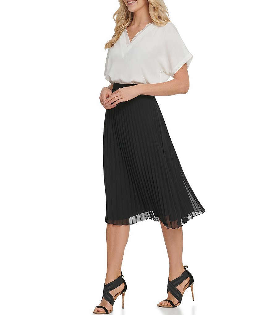 DKNY Chiffon Pleated Pull-On A-Line Midi Skirt