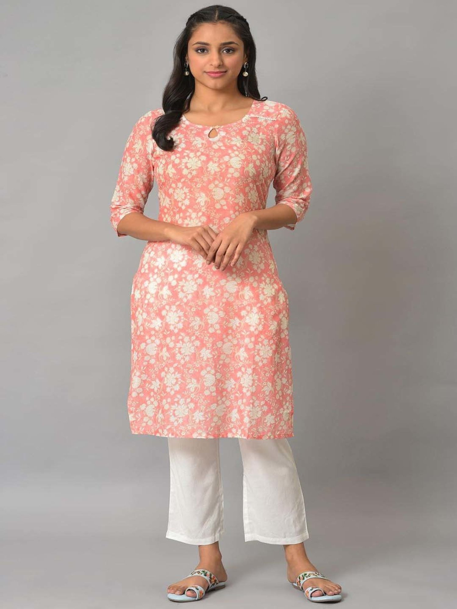 Aurelia Peach & White Cotton Printed Kurta Pant Set
