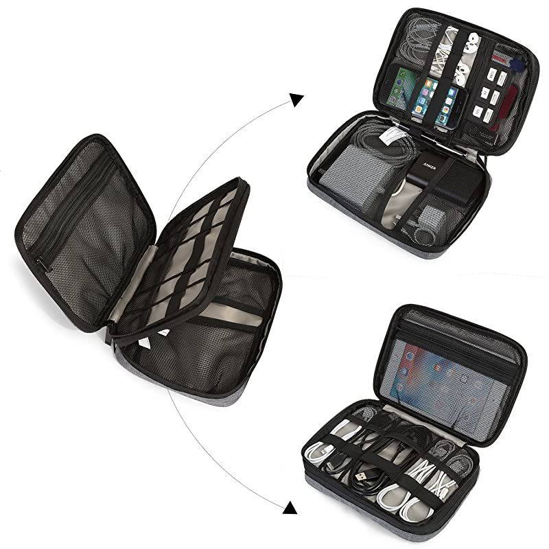 Electronic Organizer Double-Layer Travel Cable Organizer Electronics Accessories Cases for Cables, iPhone, Kindle, Grey