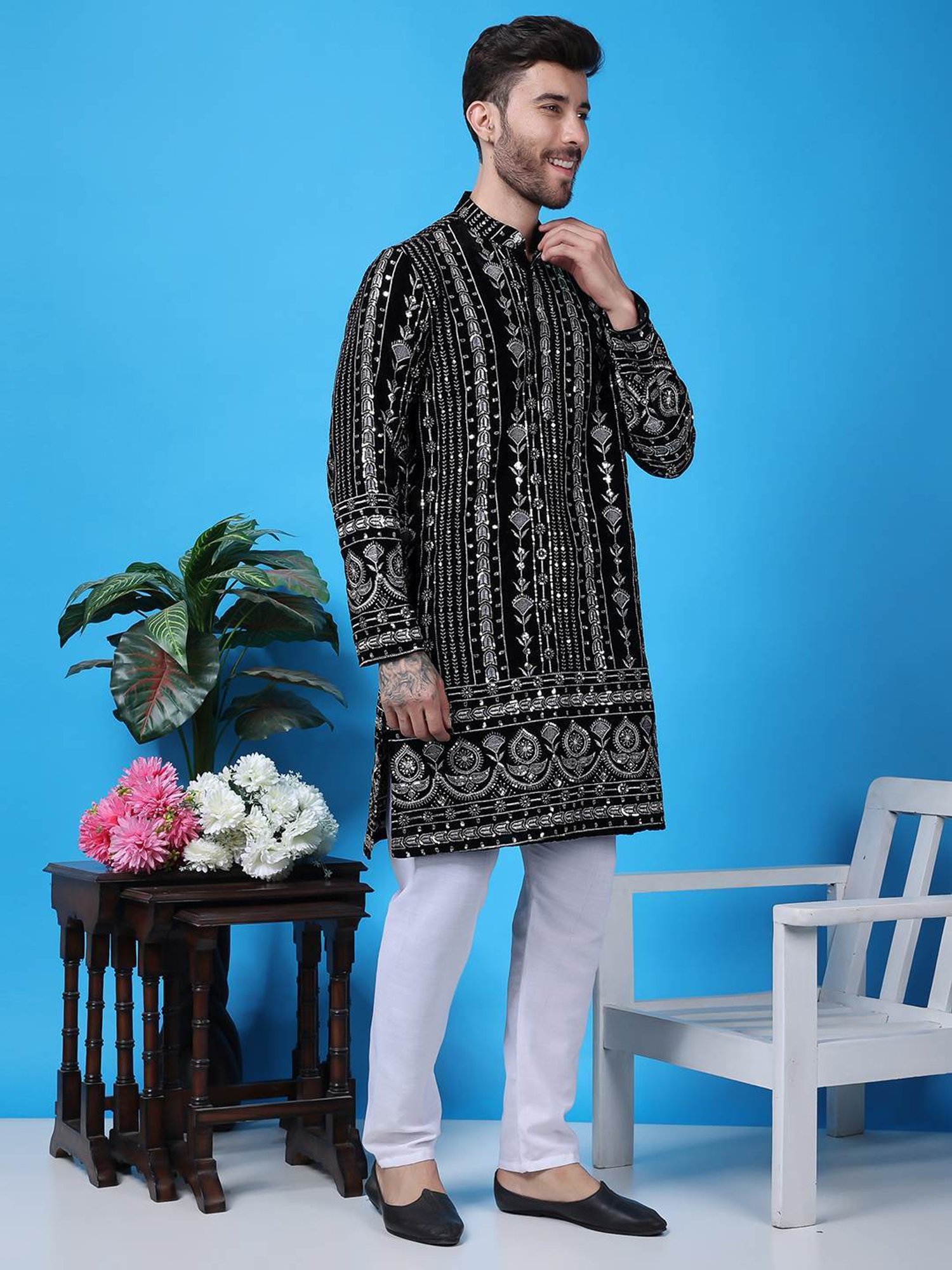Sanwara White Regular Fit Chikankari Kurta & Churidar Set