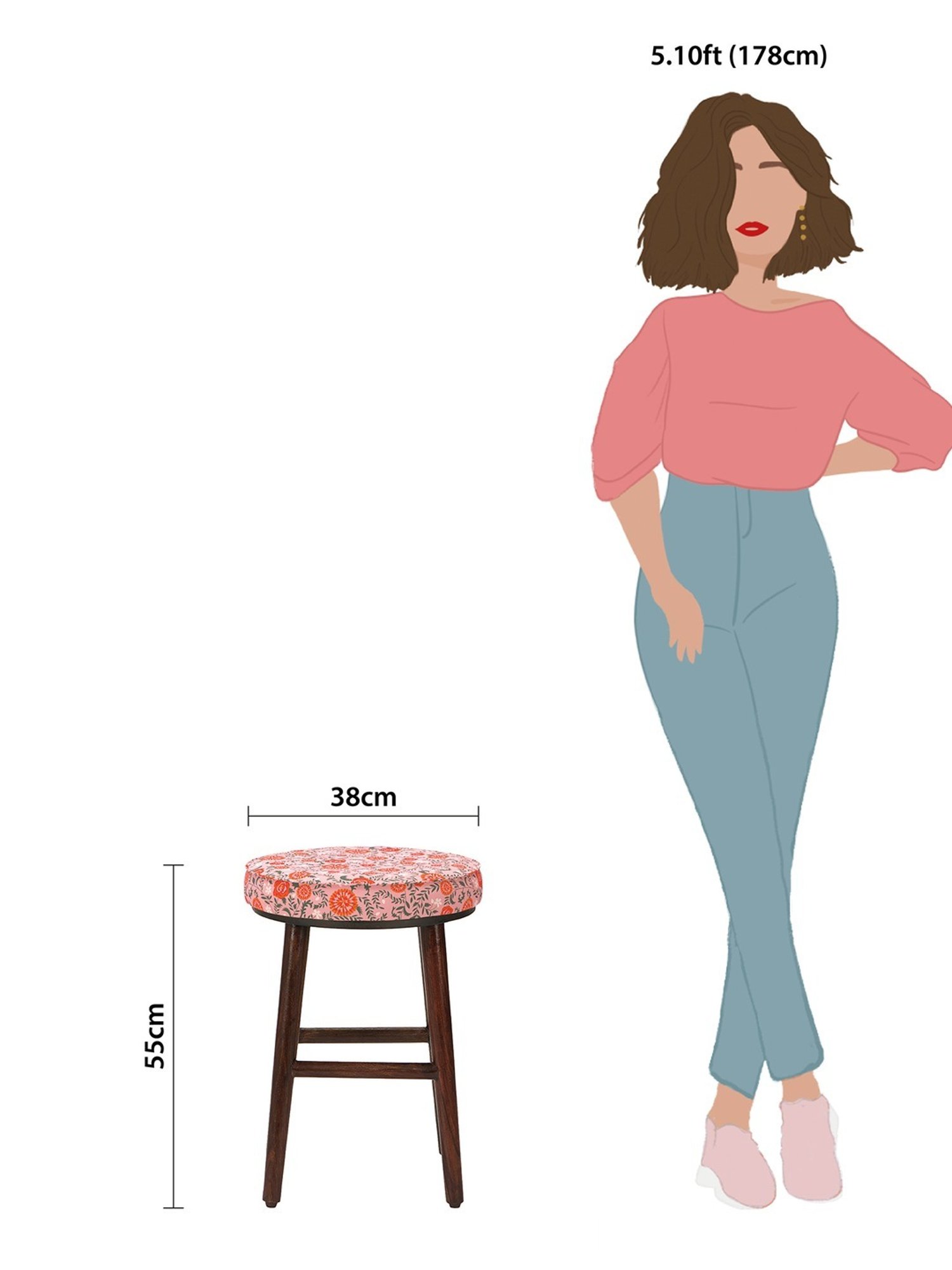 Chumbak English Earthy Floral Peach Orange Wood Cafe Stool