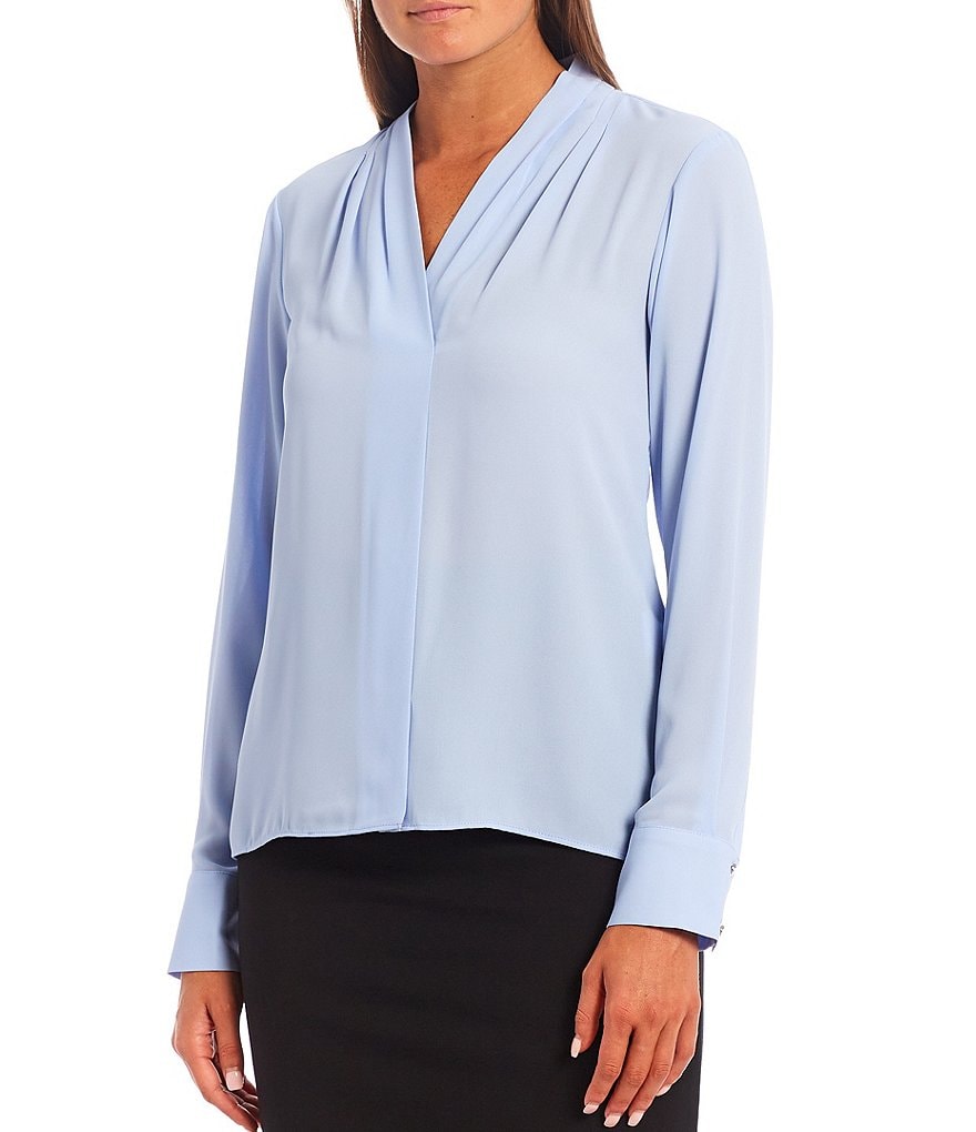 Preston & York Caroline Bow Woven V-Neck 3/4 Sleeve Blouse