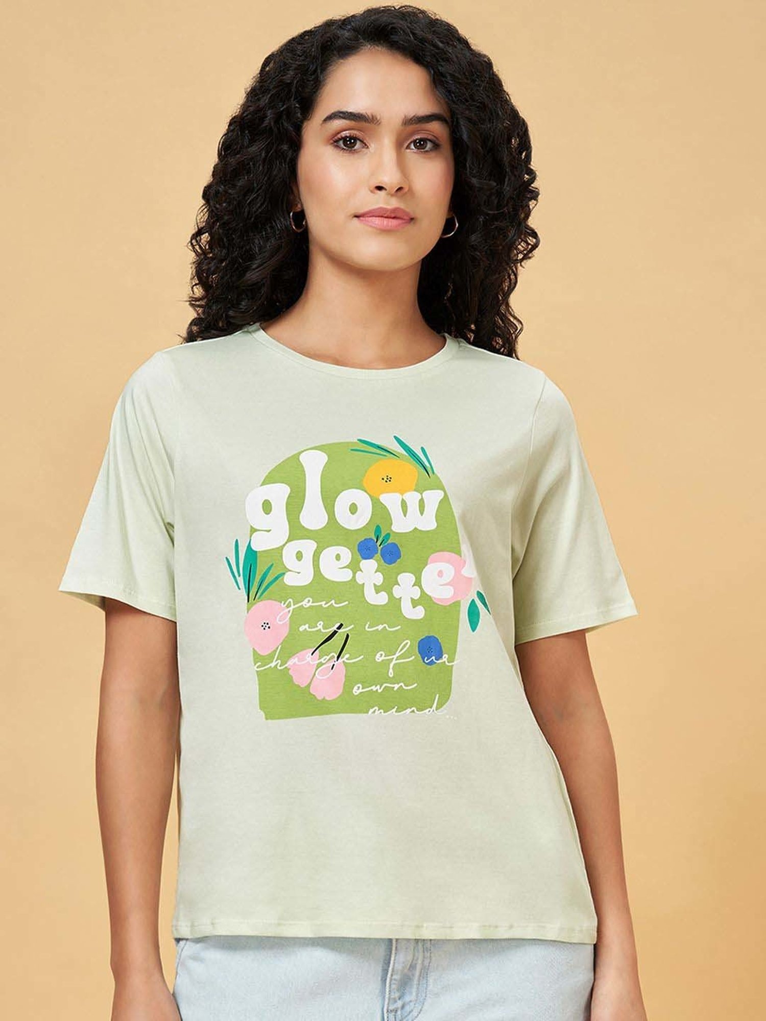 People by Pantaloons Green Cotton Printed T-Shirt