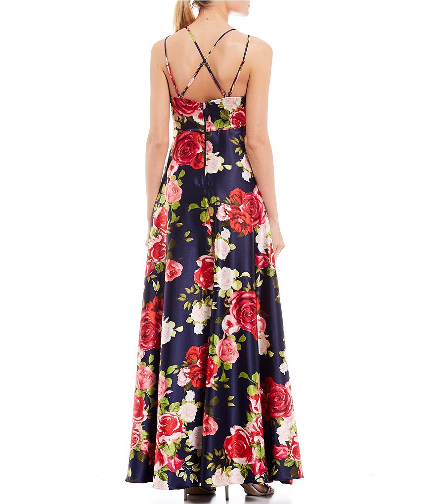 Sequin Hearts Surplice Side Slit Floral Print Satin Long Dress
