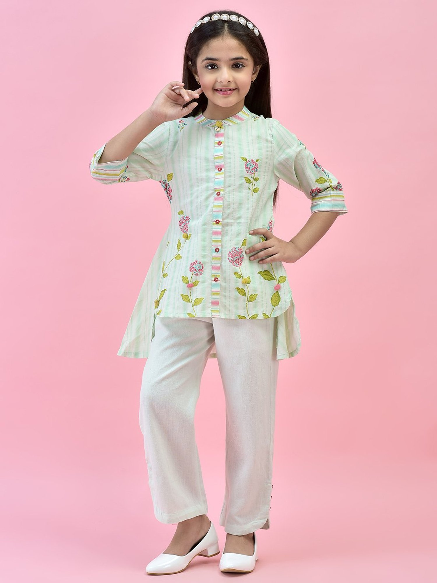 Juniper Girls Green Floral Print Shirt With Pants