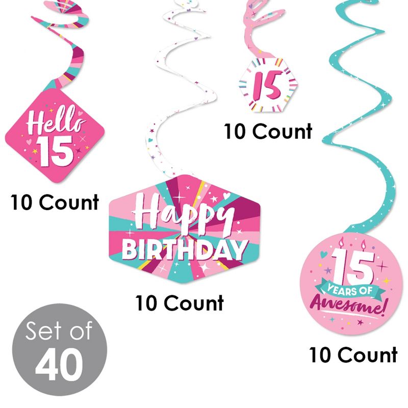 Big Dot of Happiness Girl 15th Birthday - Teen Birthday Party Hanging Decor - Party Decoration Swirls - Set of 40