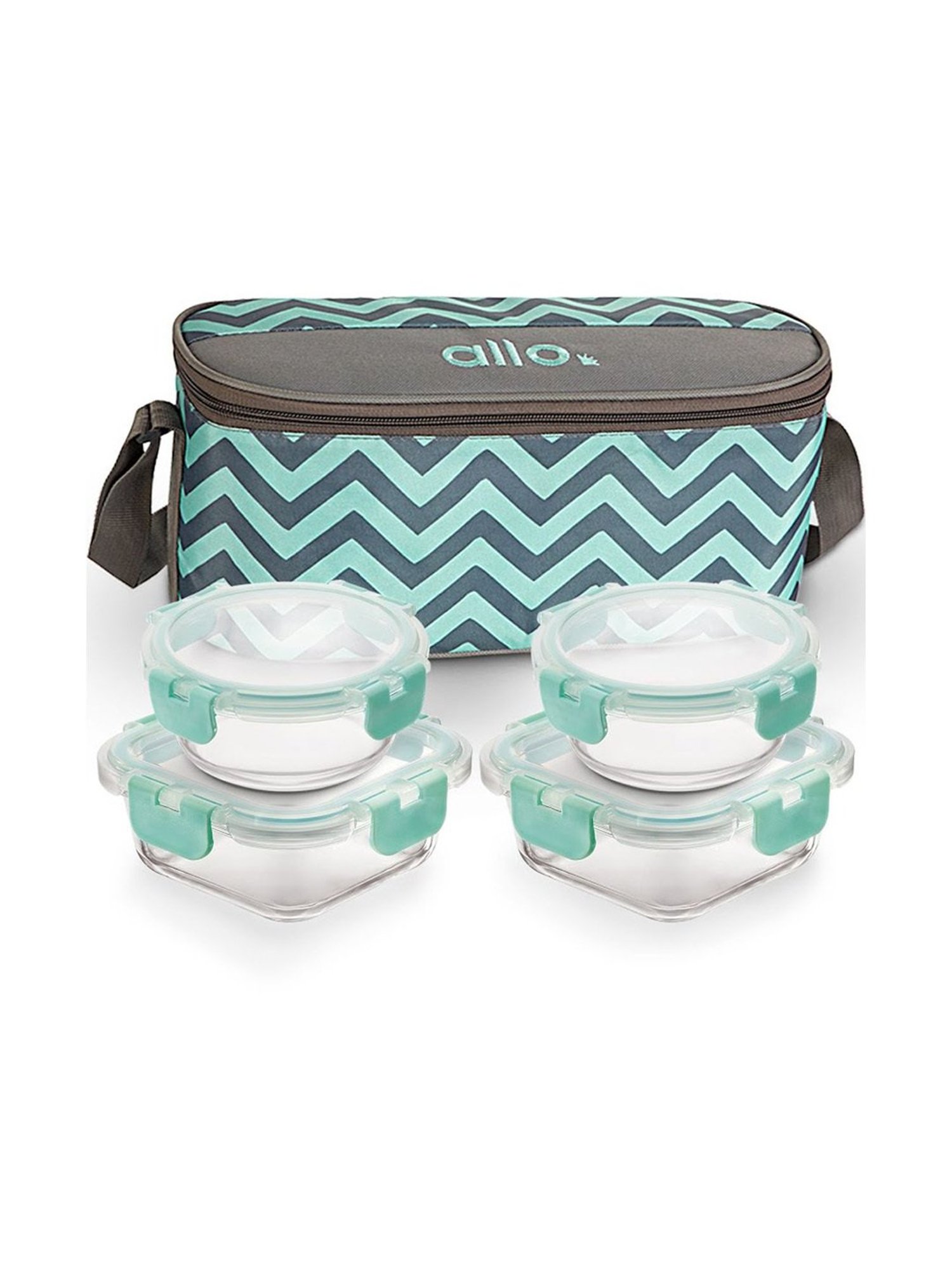 Borosilicate Glass Lunch Box Microwave Oven Safe with Detachable Lock and Chevron Mint Tiffin Bag