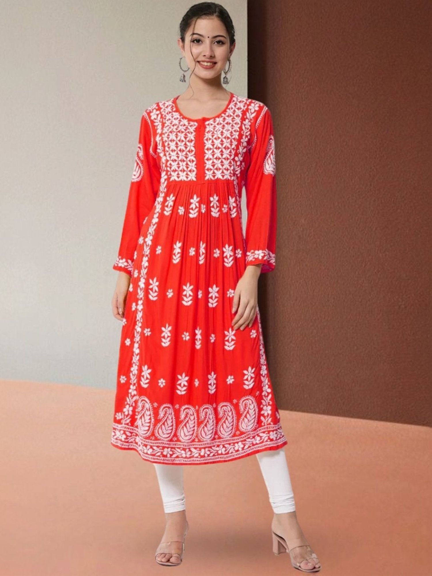PARAMOUNT CHIKAN Red Hand Embroidered Chikankari A Line Kurta