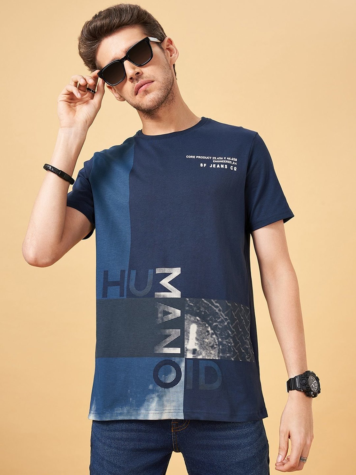 SF Jeans by Pantaloons Dress Blues Cotton Slim Fit Printed T-Shirt