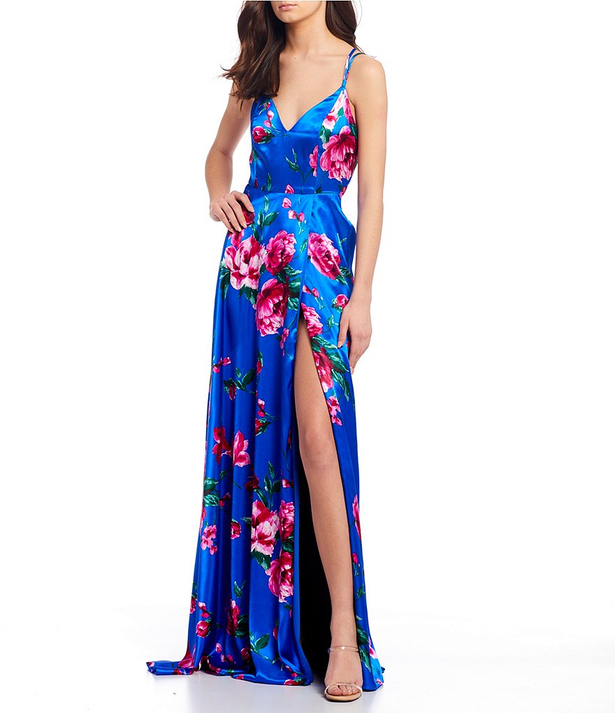Dear Moon Double Strap Side Slit Silky Floral Long Dress