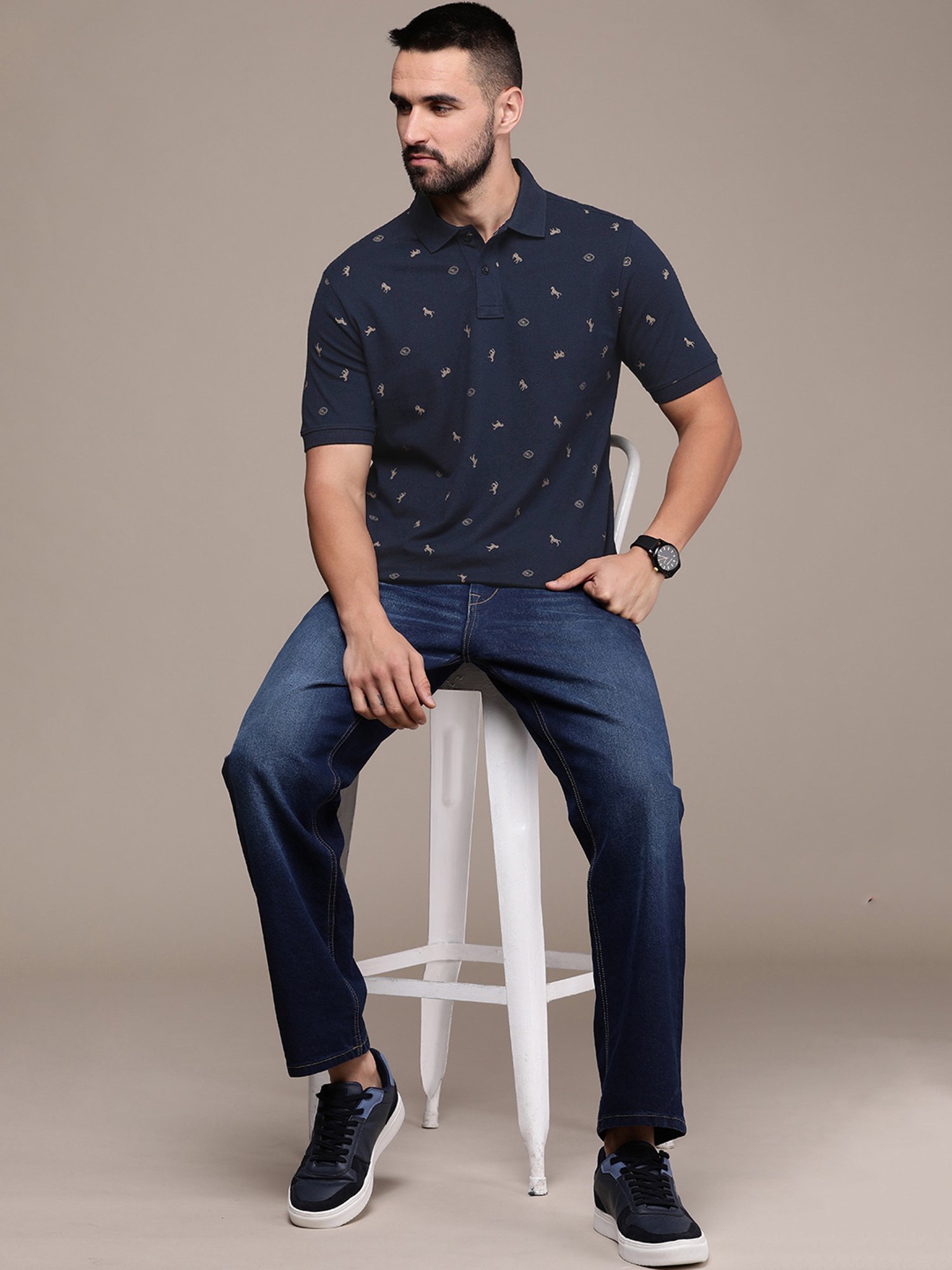 Burnt Umber Navy Regular Fit Printed Polo T-Shirt