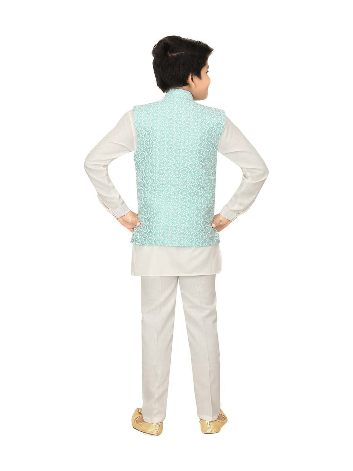 Ahhaaaa Kids Blue & White Cotton Embroidered Full Sleeves Kurta Set