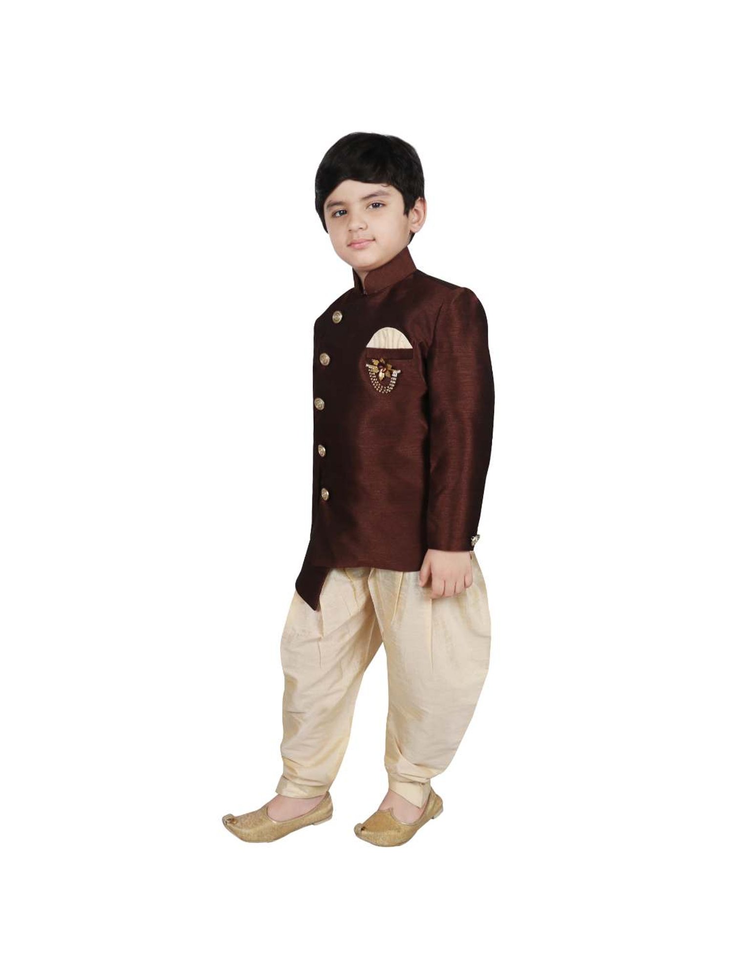 SG Yuvraj Kids Brown & White Solid Sherwani with Pyjama