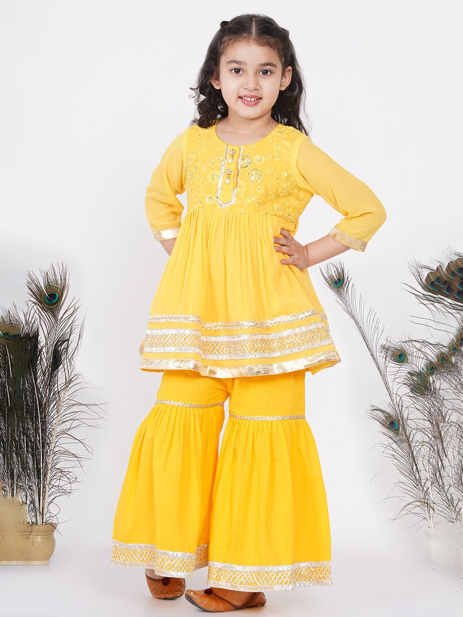 Little Bansi Yellow Embellished 1 Kurta, 1 Sharara & 1 Dupatta