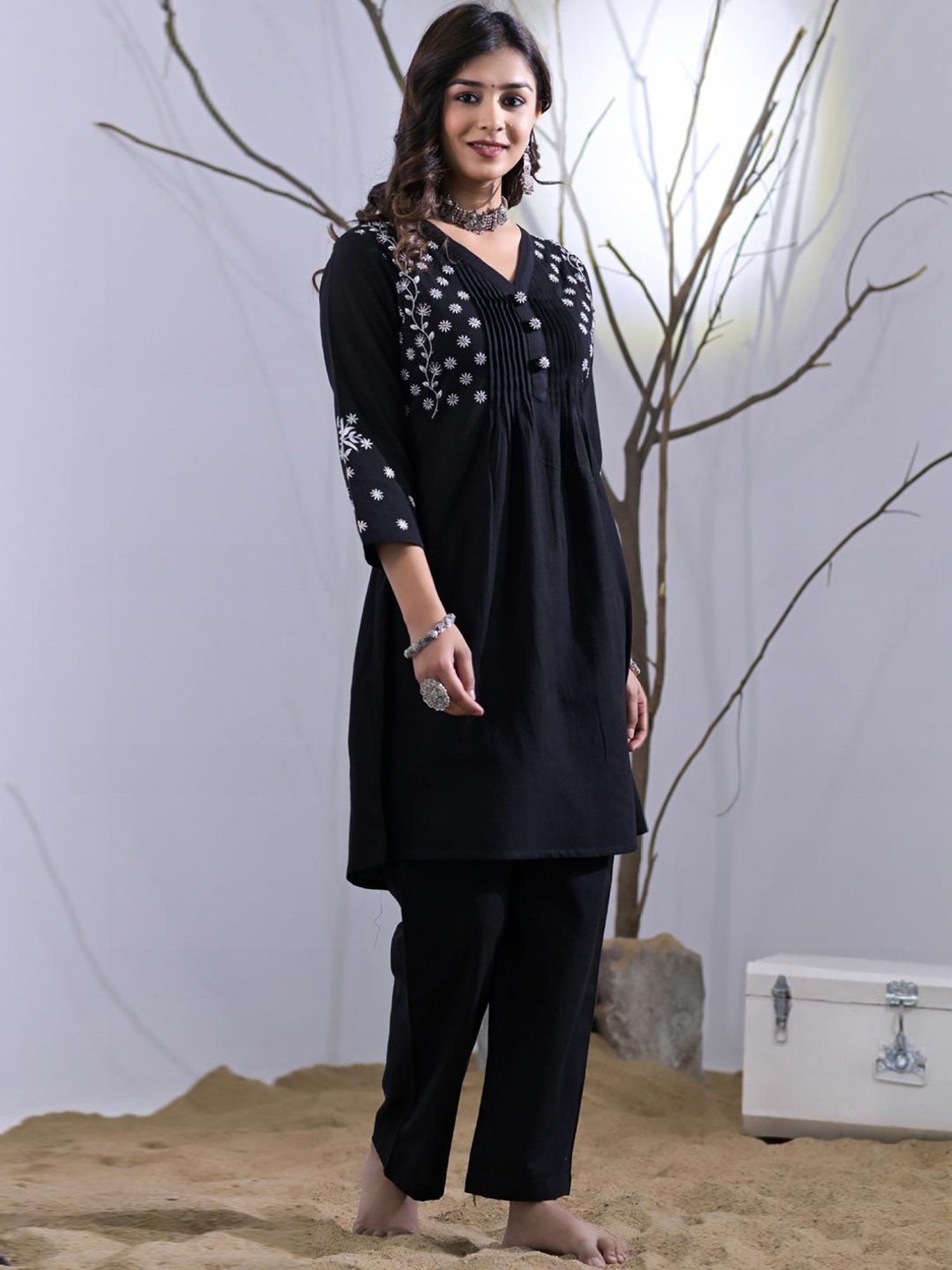 READIPRINT FASHIONS Black Embroidered Tunic Palazzo Set