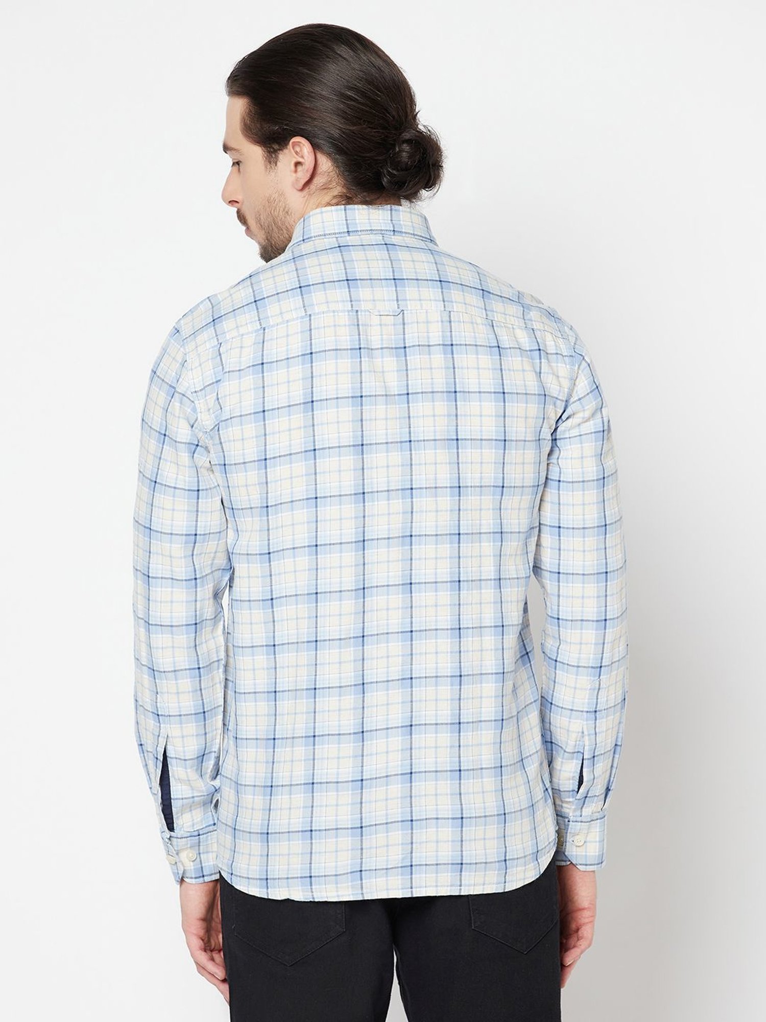Spykar Blue Cotton Slim Fit Checks Shirt