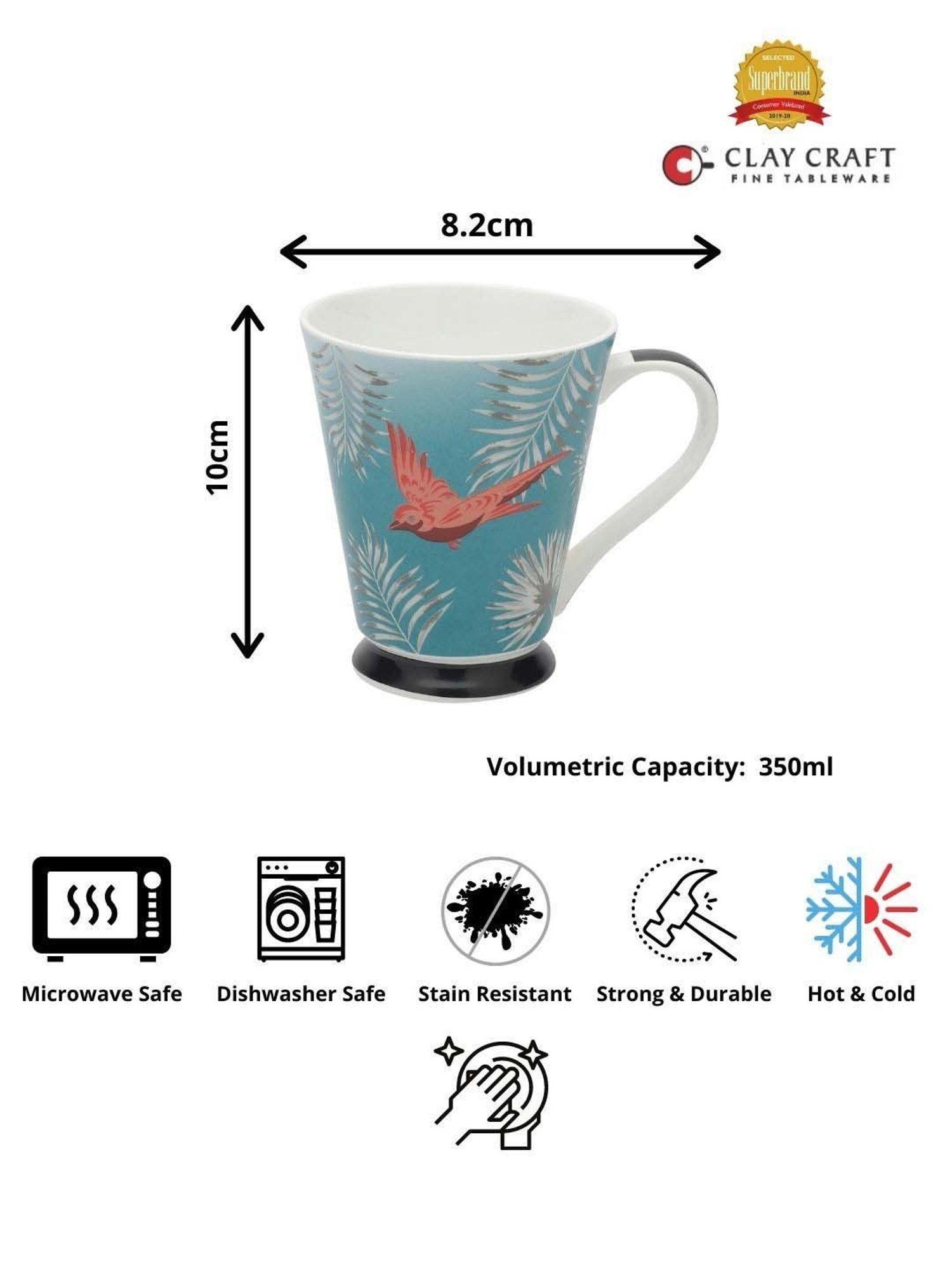 Clay Craft Sky Blue & Orange Ceramic 8.2 cm Milk Mug (0.35 L) - Set of 2