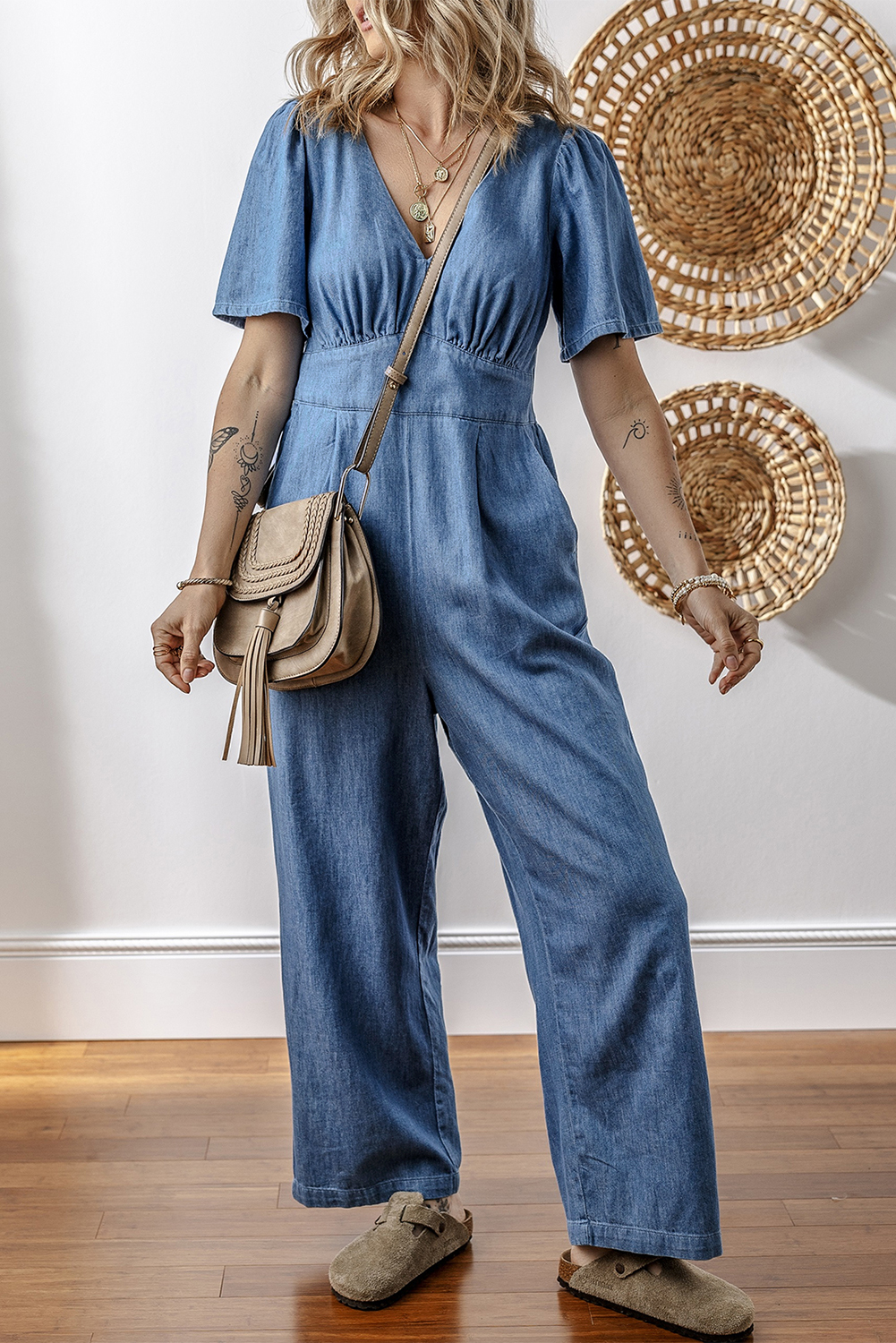 Gray Textured Wide Leg Overall with Pockets