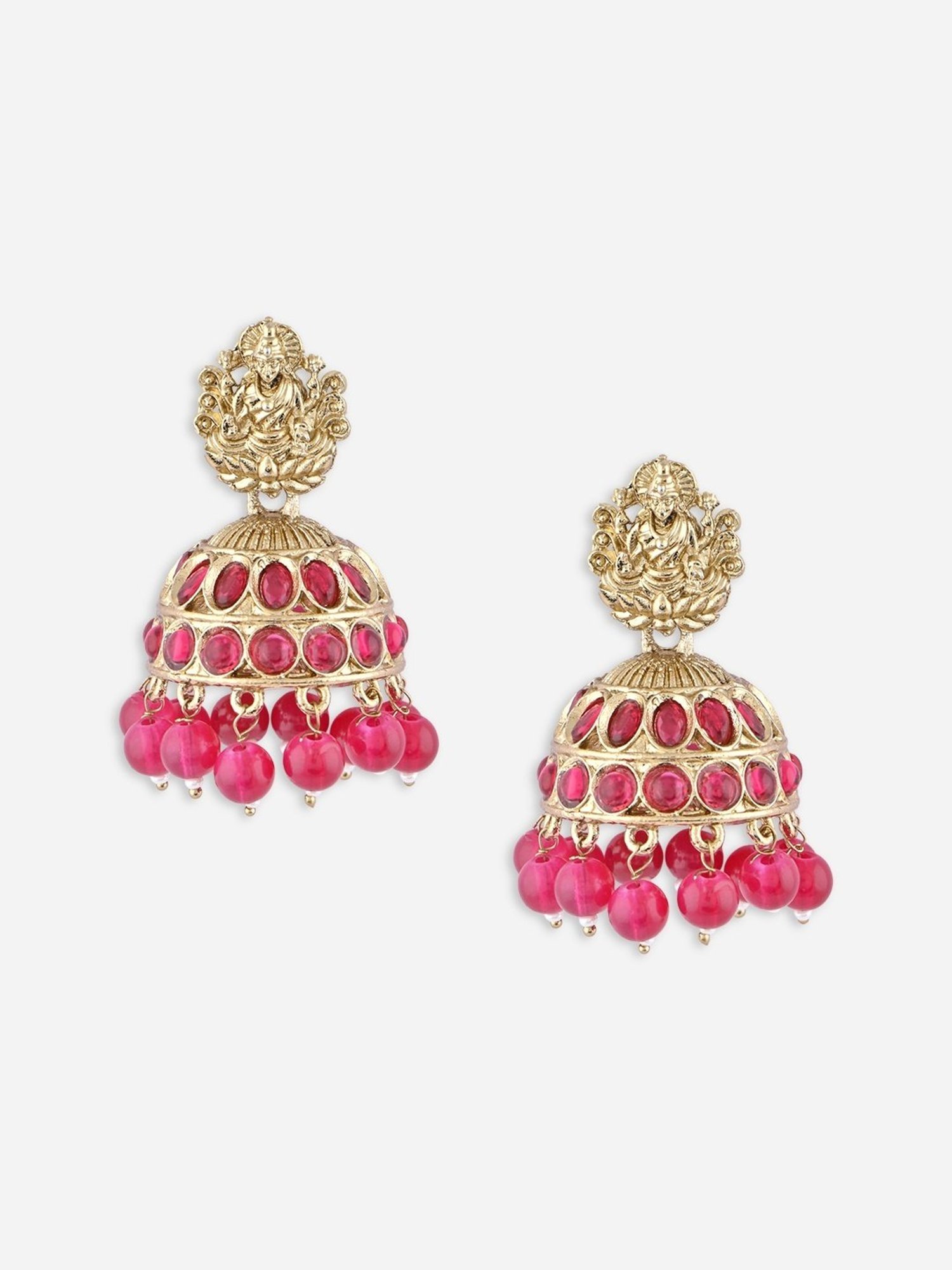 Fida Gold-Plated Lakshmi Embossed Fuchsia Temple Jhumki Earrings for Women & Girls