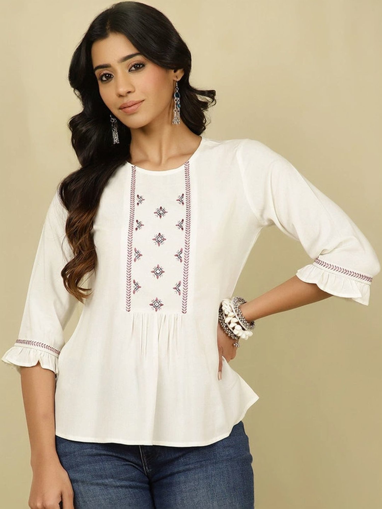 Jaipur Kurti Off-White Embroidered Top