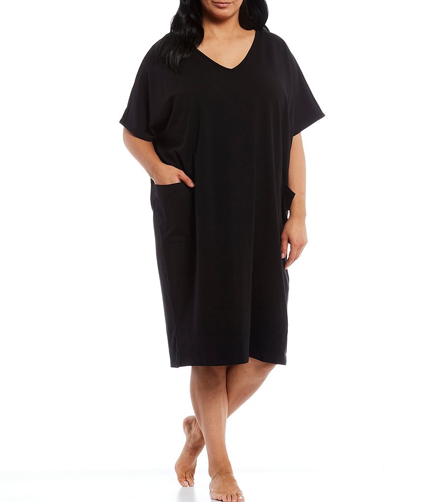 Kate Landry Plus Solid V-Neck Sleeve Midi Lounge Dress