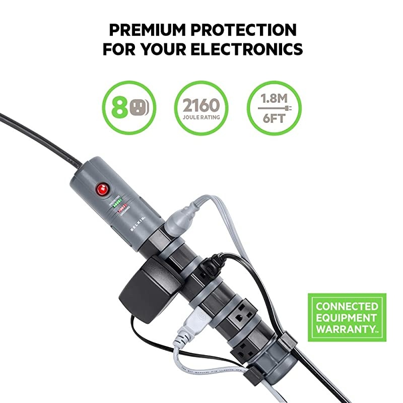 BP10800006 8Outlet PivotPlug Power Strip Surge Protector w 6ft Cord Ideal for Computers Home Theatre Appliances Office Equipment 2160 Joules