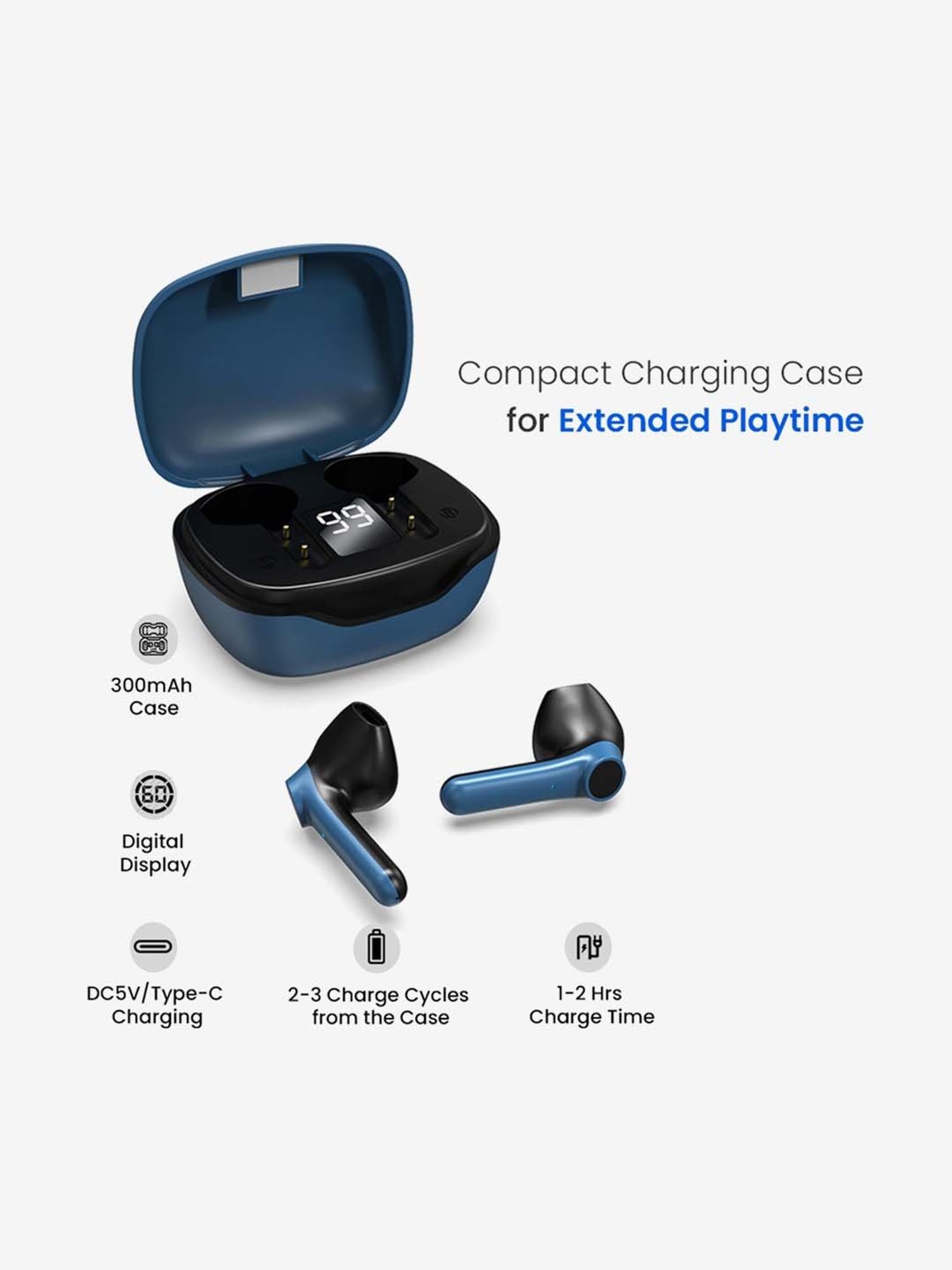 PTron Basspods 281 True Wireless Bluetooth Earbuds with Charging Case (Blue and Black)