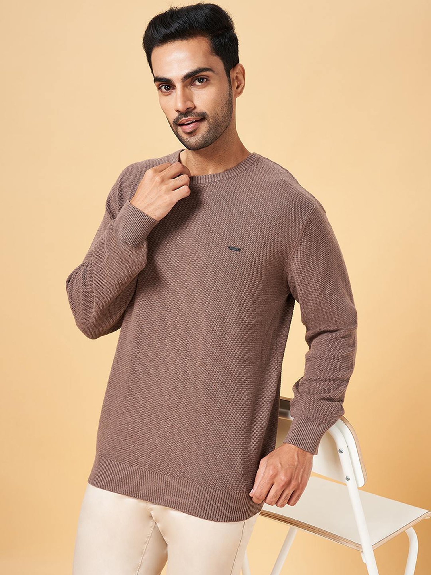 Byford by Pantaloons Brown Cotton Slim Fit Sweater