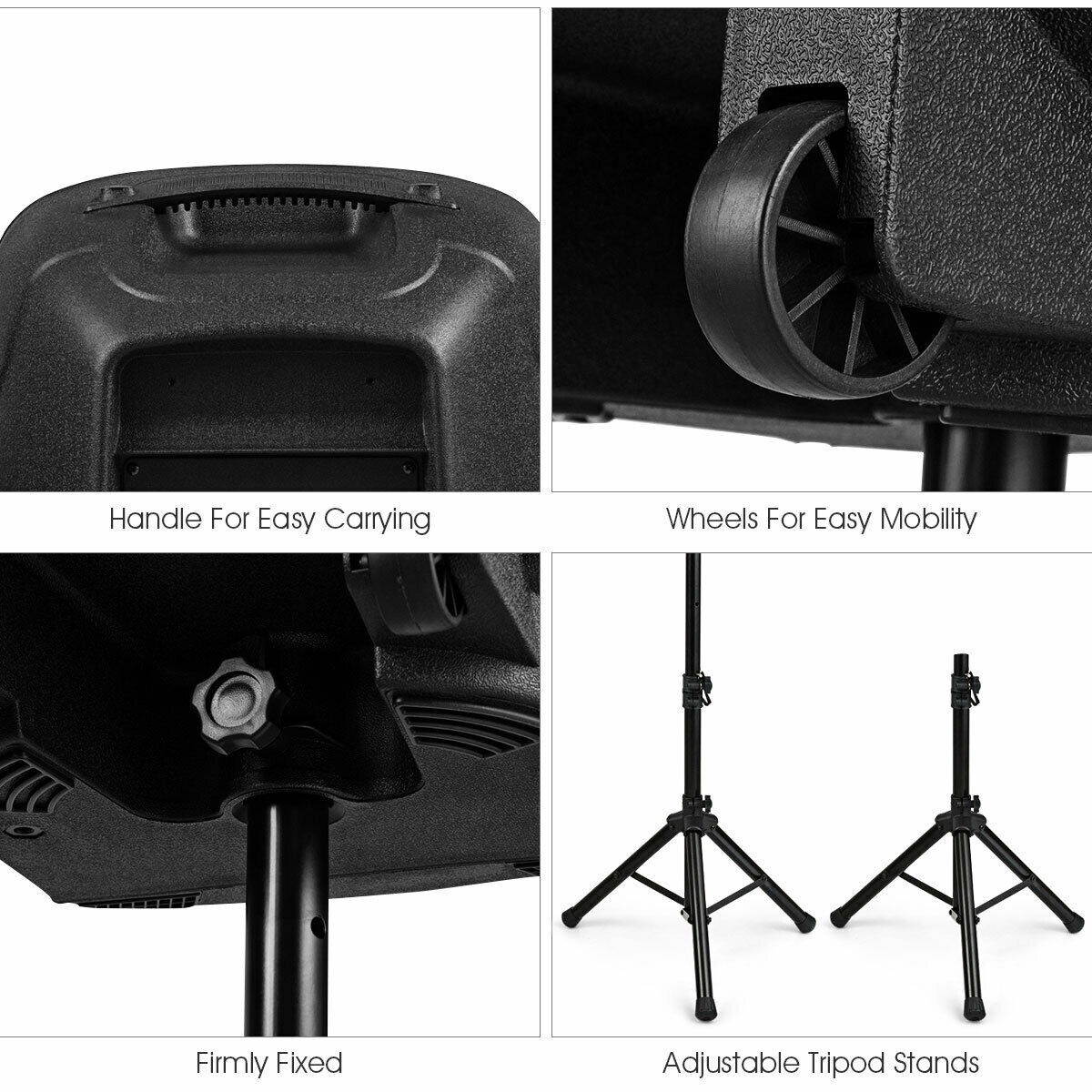 3000 W Dual 15" Powered Speakers with Bluetooth and Adjustable Bracket
