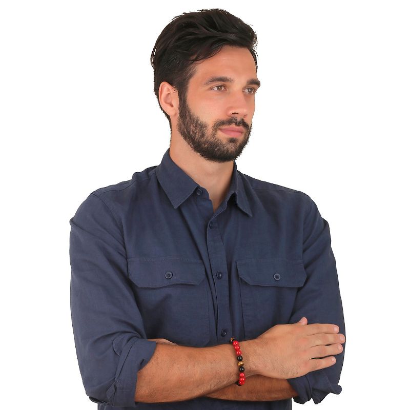 Men's Crucible Stainless Steel Skull with Red Dyed Turquoise and Black Onyx Beaded Bracelet