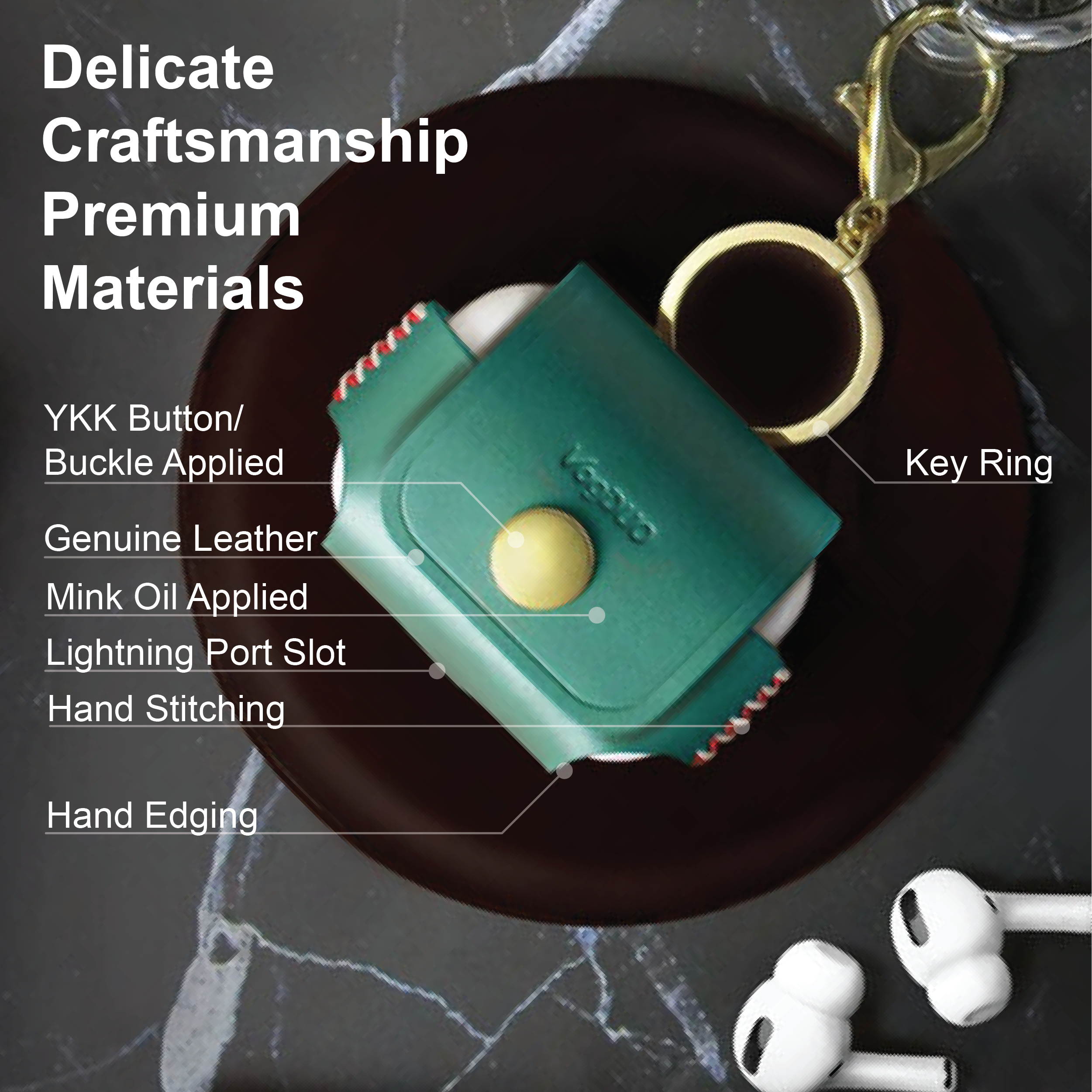 VogDUO- Italian Genuine Leather Case for AirPods Pro, portable carry case, Lightning port slot design, premium metal hook for the bag, keychain or jeans, YKK button applied- Emerald