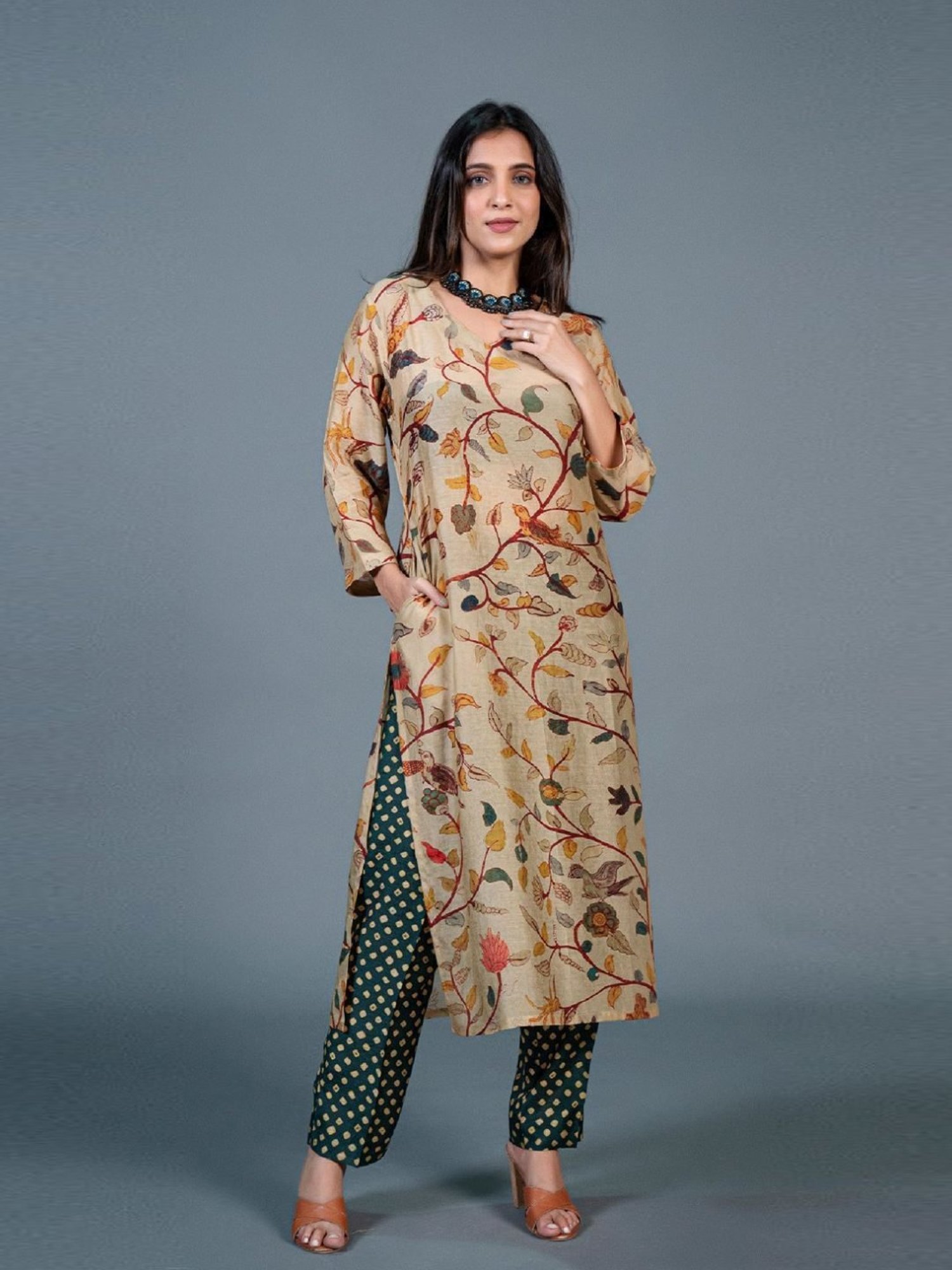 Eeshva India Beige Kalamkari Printed Kurta Pant Set