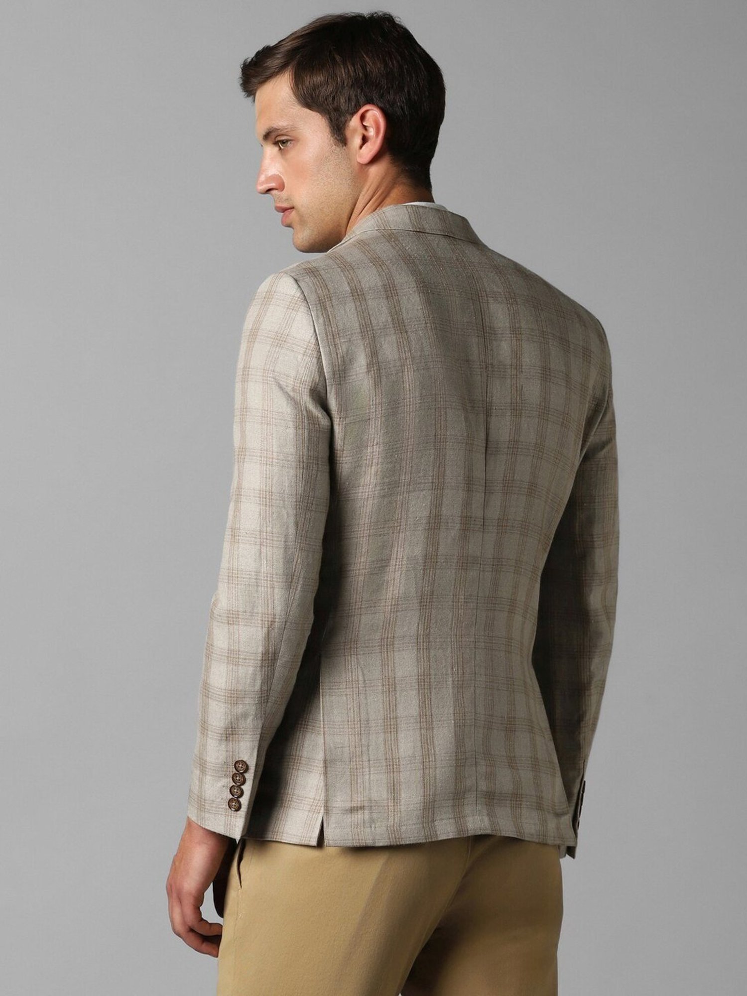Louis Philippe Beige Linen Slim Fit Checks Blazer