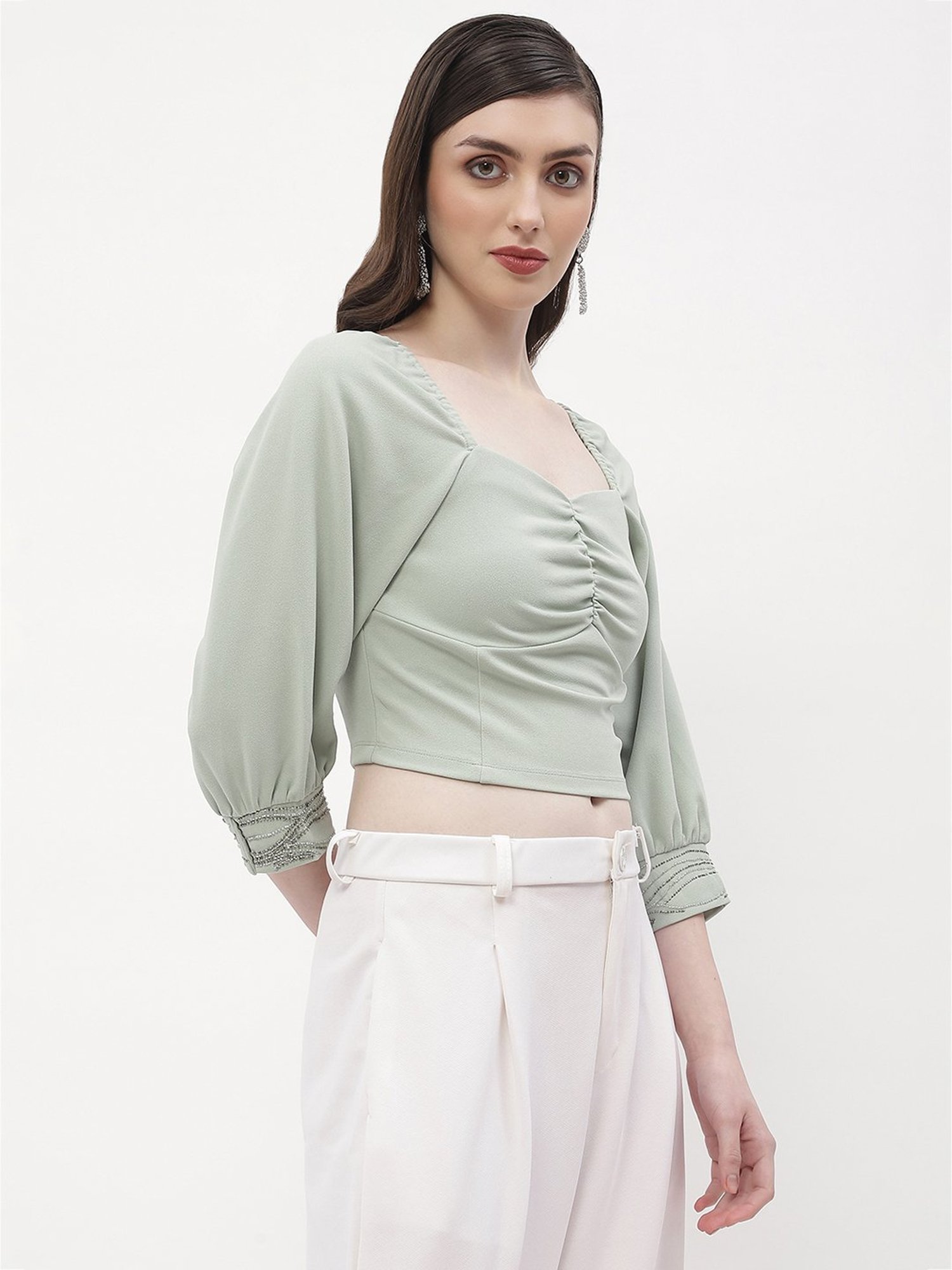 MADAME Green Embellished Crop Top
