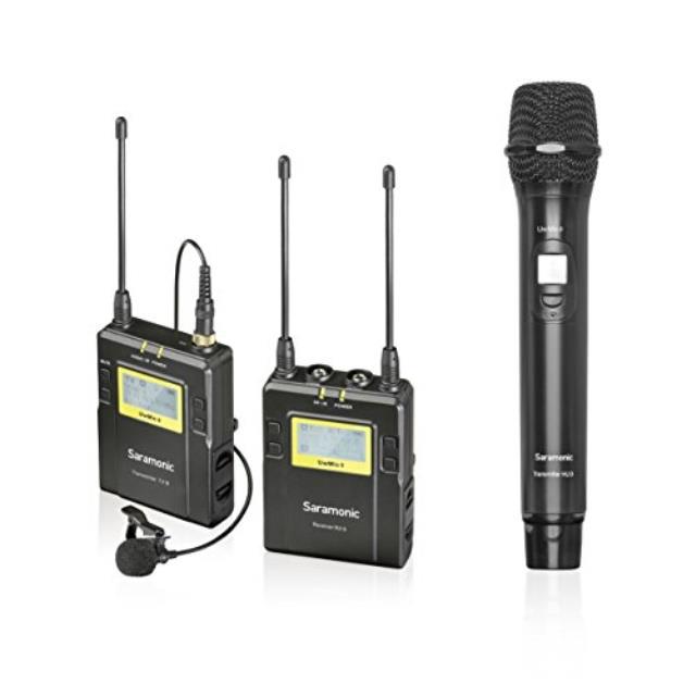 saramonic uwmic9 uhf wireless lavalier + handheld microphone system with bodypack transmitter + lav mic, handheld mic with transmitter, receiver, shoe mount, xlr/3.5mm outputs