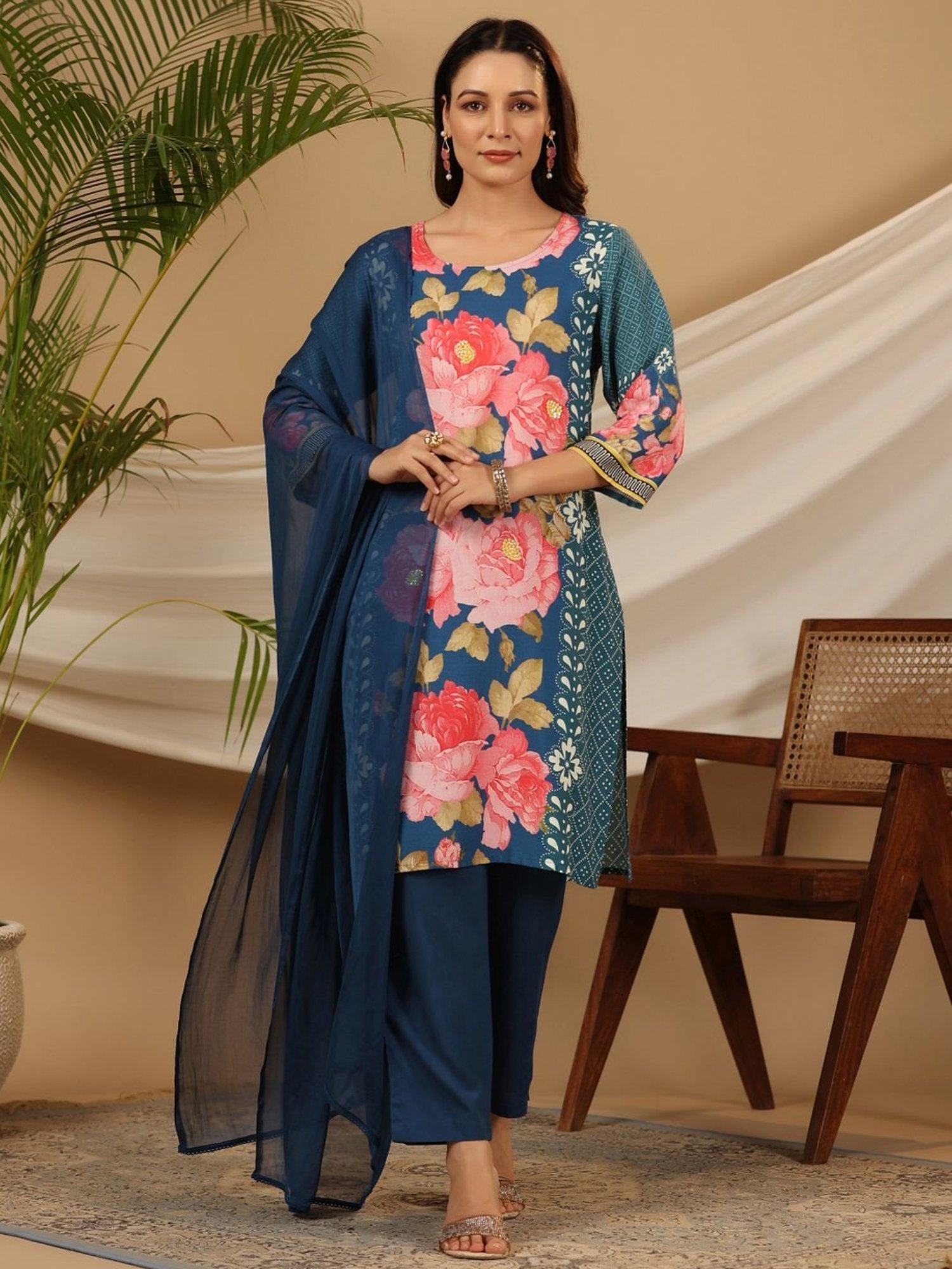 Juniper Blue Floral Printed Rayon Kurta Pants & Dupatta Set With Sequins Work