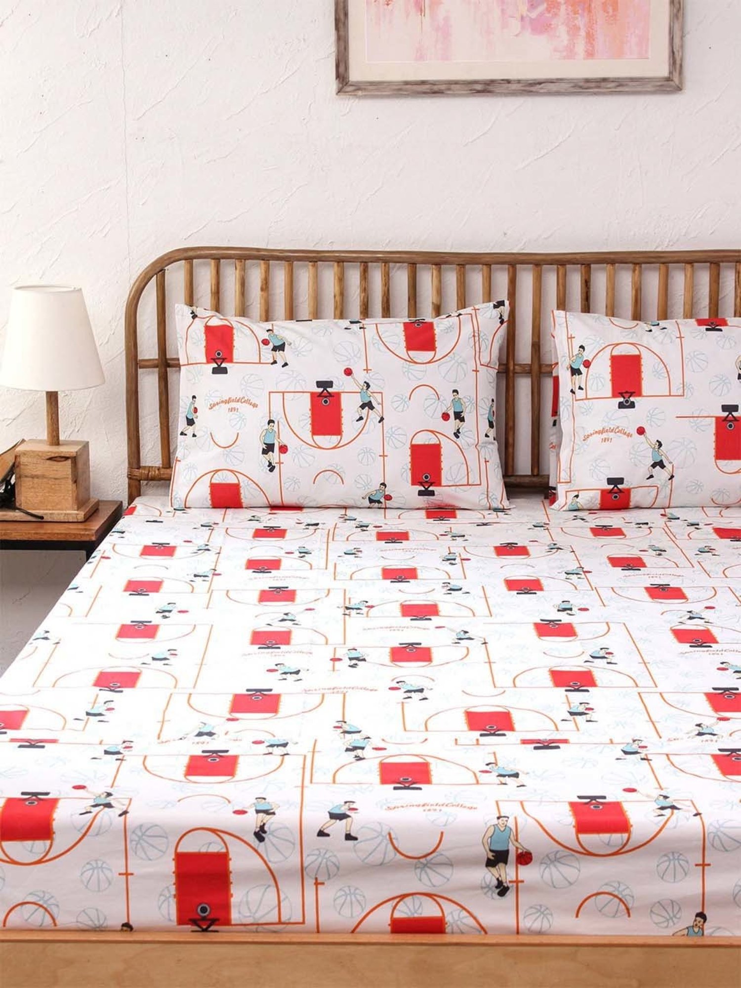 House This Krida Printed Red Cotton Single Bed Sheet with Pillow Cover