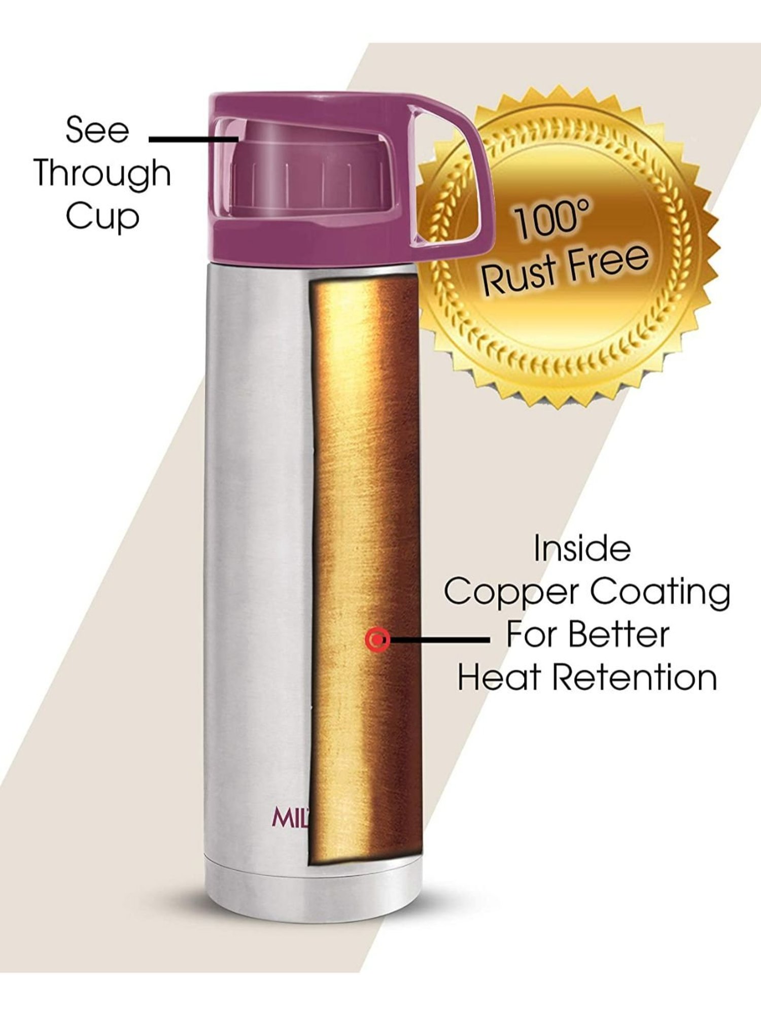 Milton Pink Stainless Steel Thermosteel Glassy Drinking Cup (0.5 L)