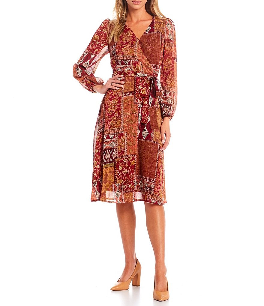 Leslie Fay V-Neck Long Sleeve Patchwork Chiffon Wrap Dress