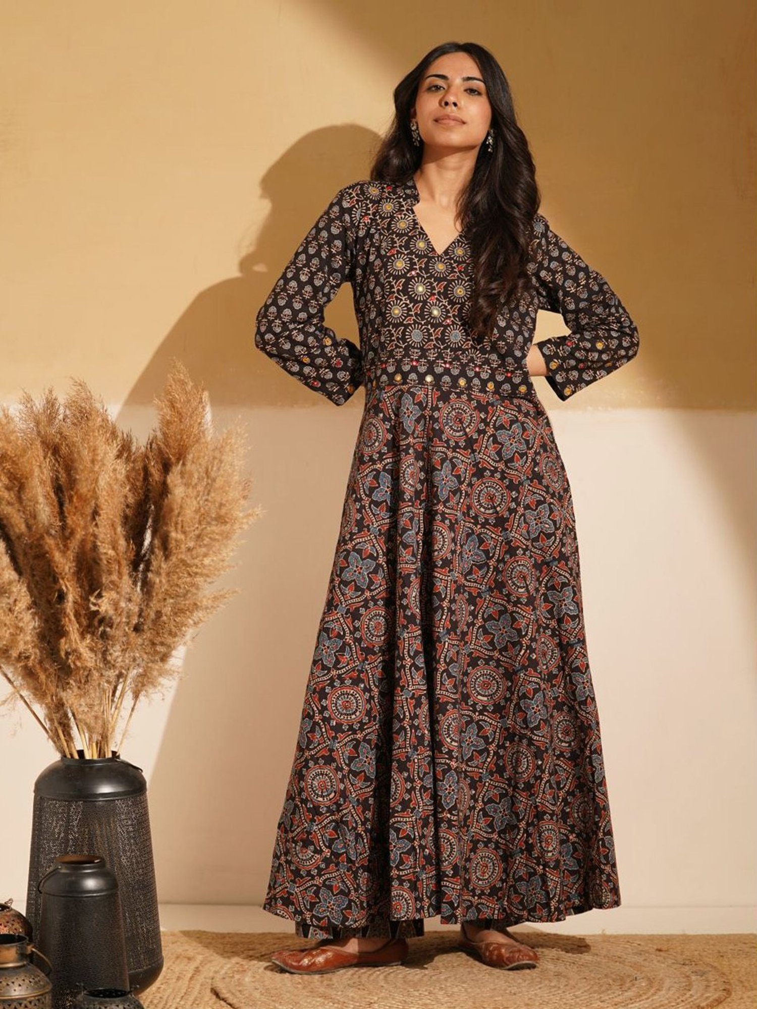 Love Chic Black Cotton Ajrakh Flare Kurta