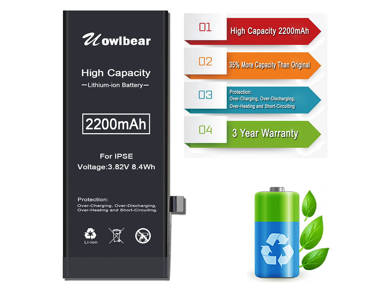 uowlbear 2200mAh Battery for iPhone SE A1662 A1723 A1724 with Complete Replacement Kits and 2 Set Adhesive Strips -0 Cycle High Capacity