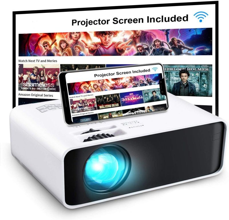 Projector, GooDee WiFi Mini Projector with Projector Screen, Synchronize Wireless Video Projector LED 1080p Full HD, Portable Home Movie Projector Compatible with TV Stick/DVD/USB, iOS/Android Phone