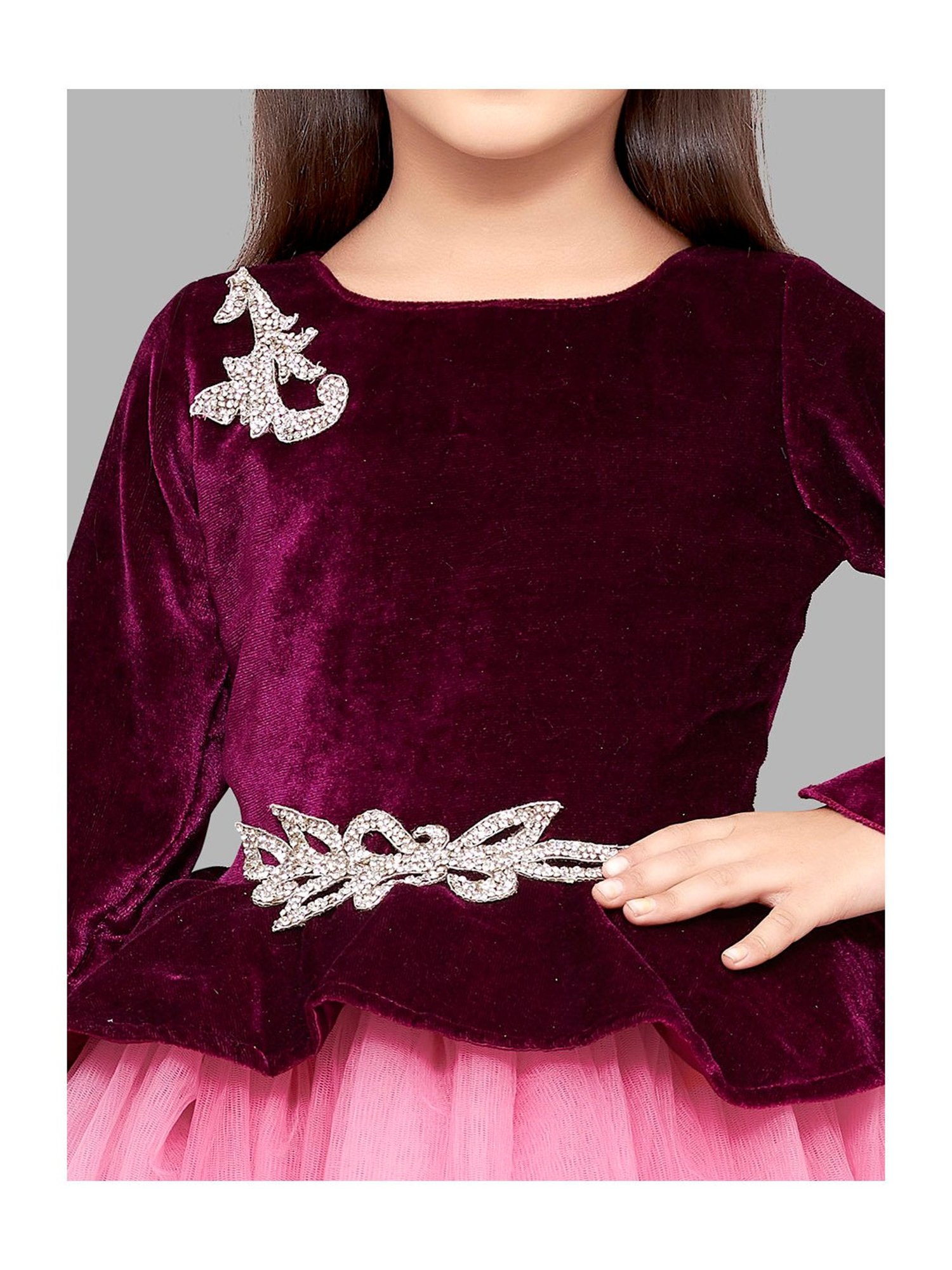 Pink Chick Kids Burgundy & Pink Solid  Full Sleeves Gown