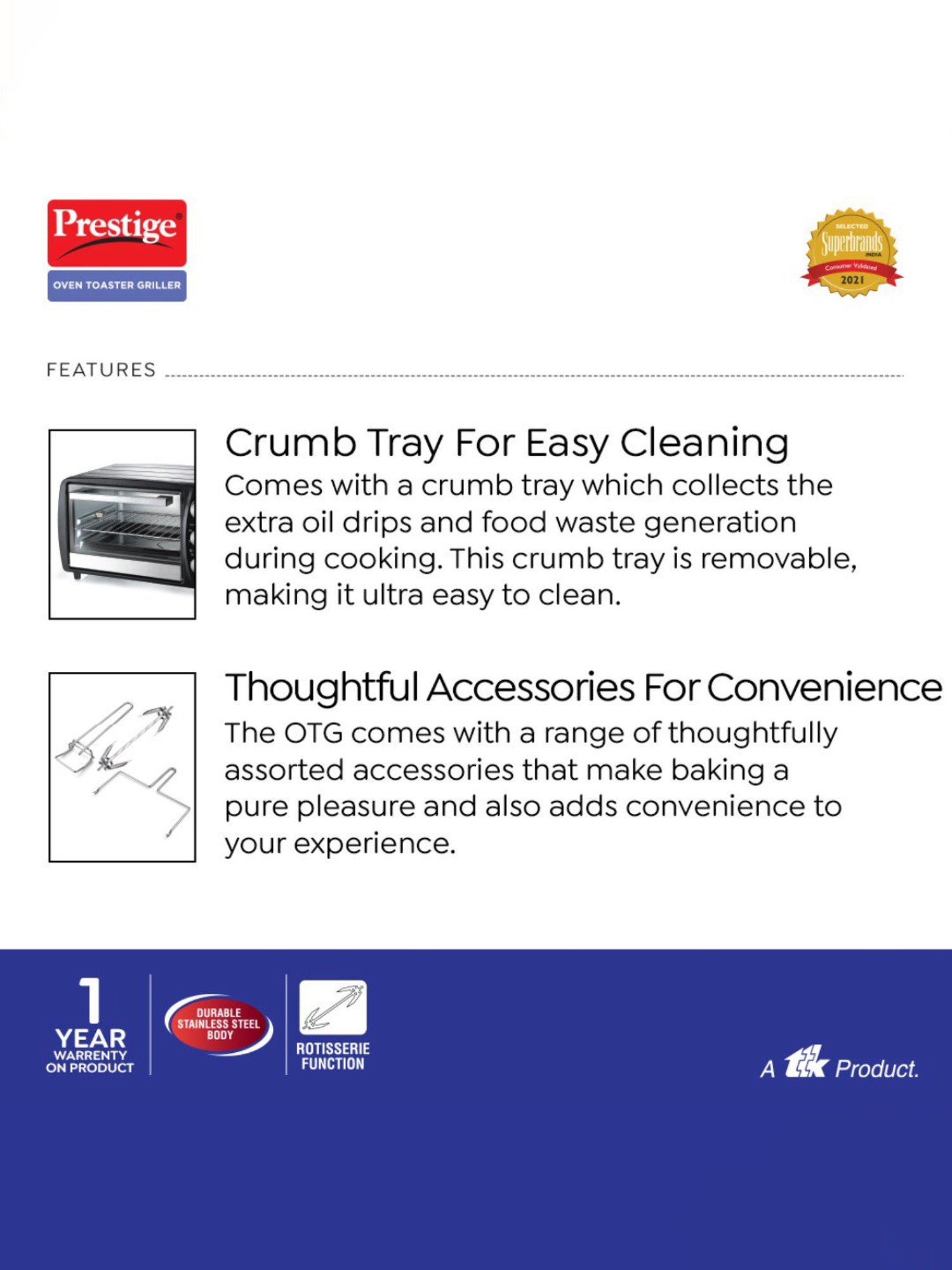 Prestige POTG Multicolor Stainless steel Oven Toaster Griller with Rotisserie Function